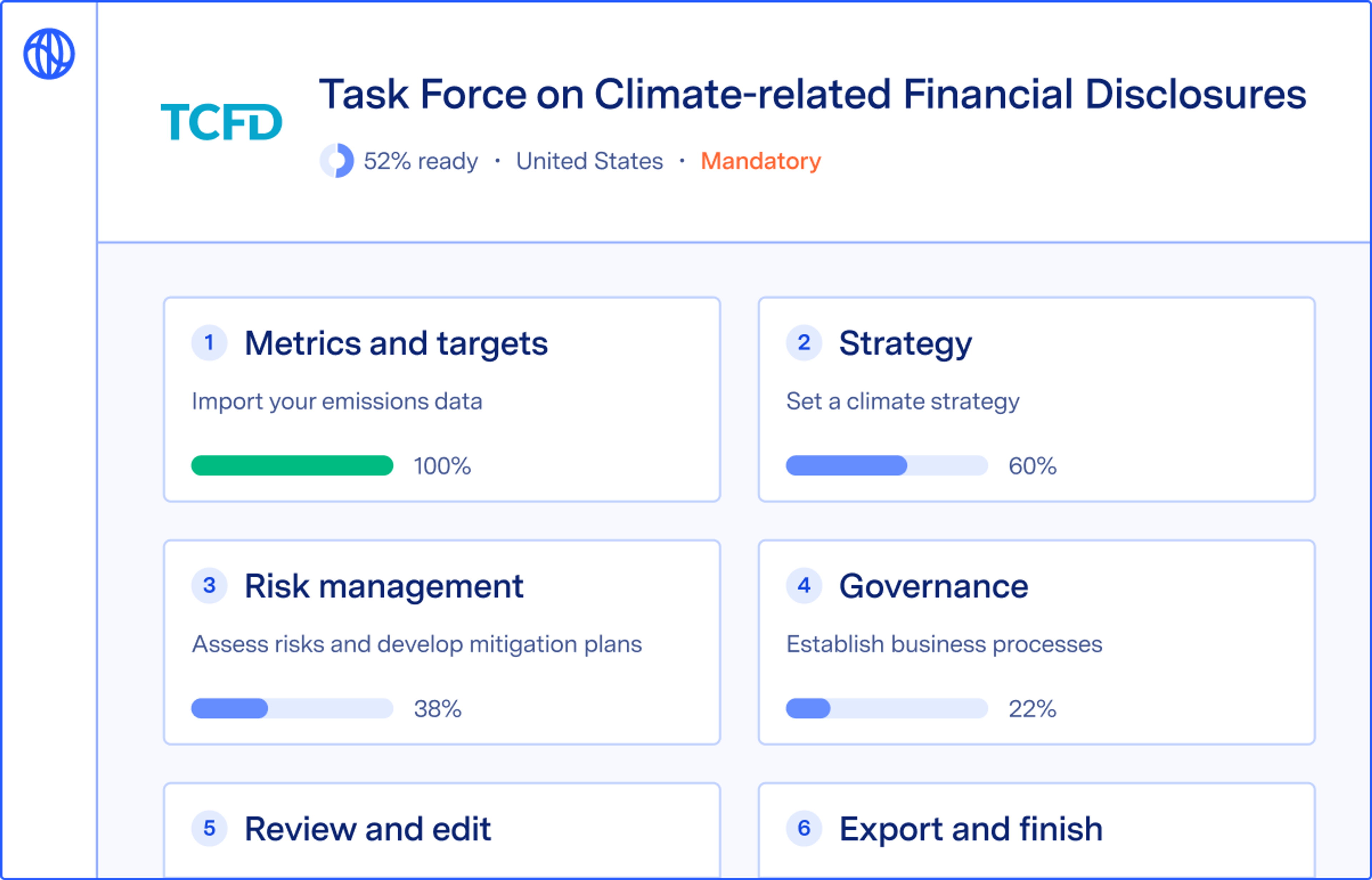 Illustrated screenshot of reporting screen, showing CDP, TCFD, and SECR options