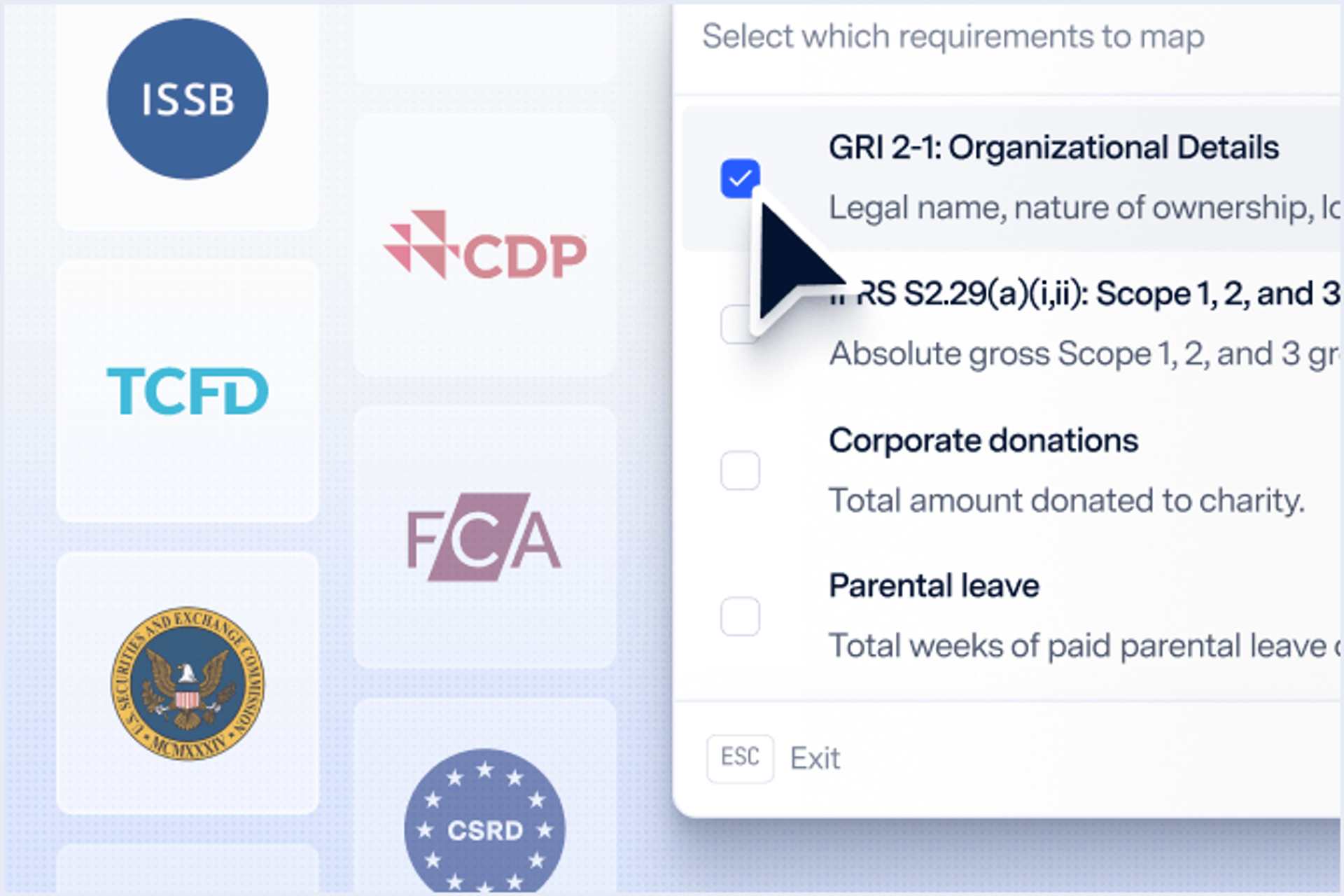 Framework selector showing ISSB, CDP, TCFD, FCA, SEC, and CSRD requirement mapping options