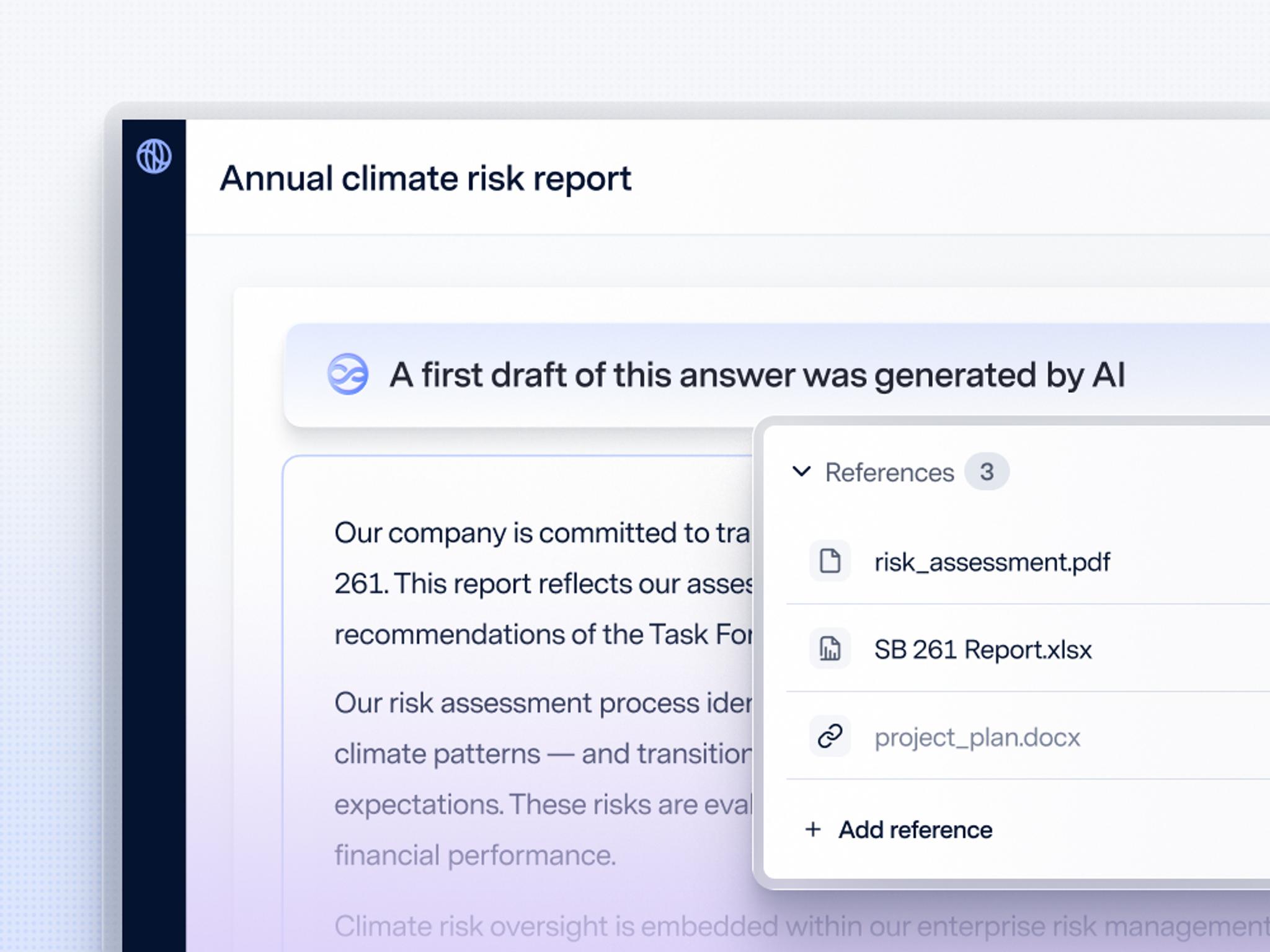 AI assistant in report editor, managing reference material.
