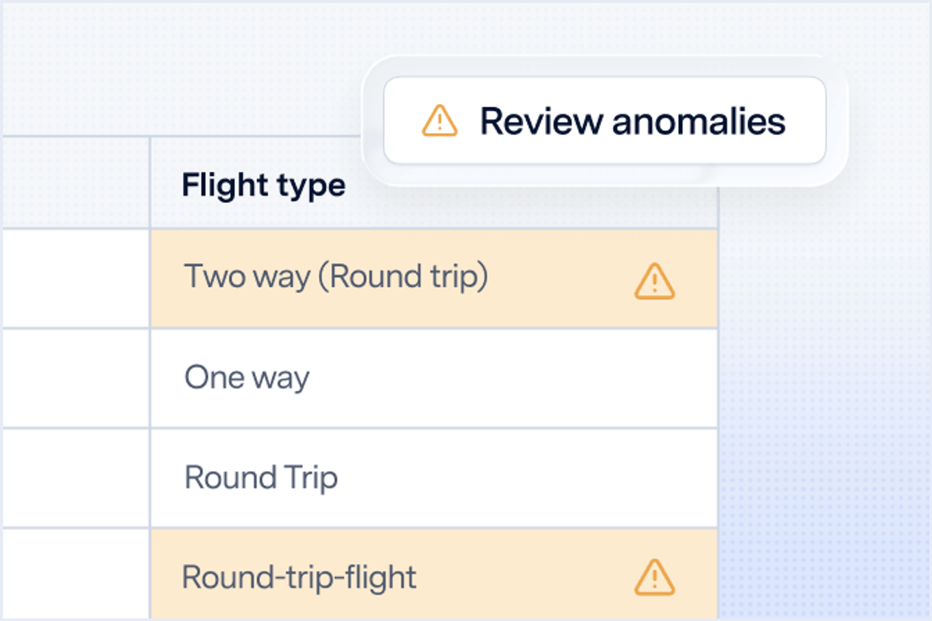 Data table flagging flight type anomalies like inconsistent round-trip labeling for review