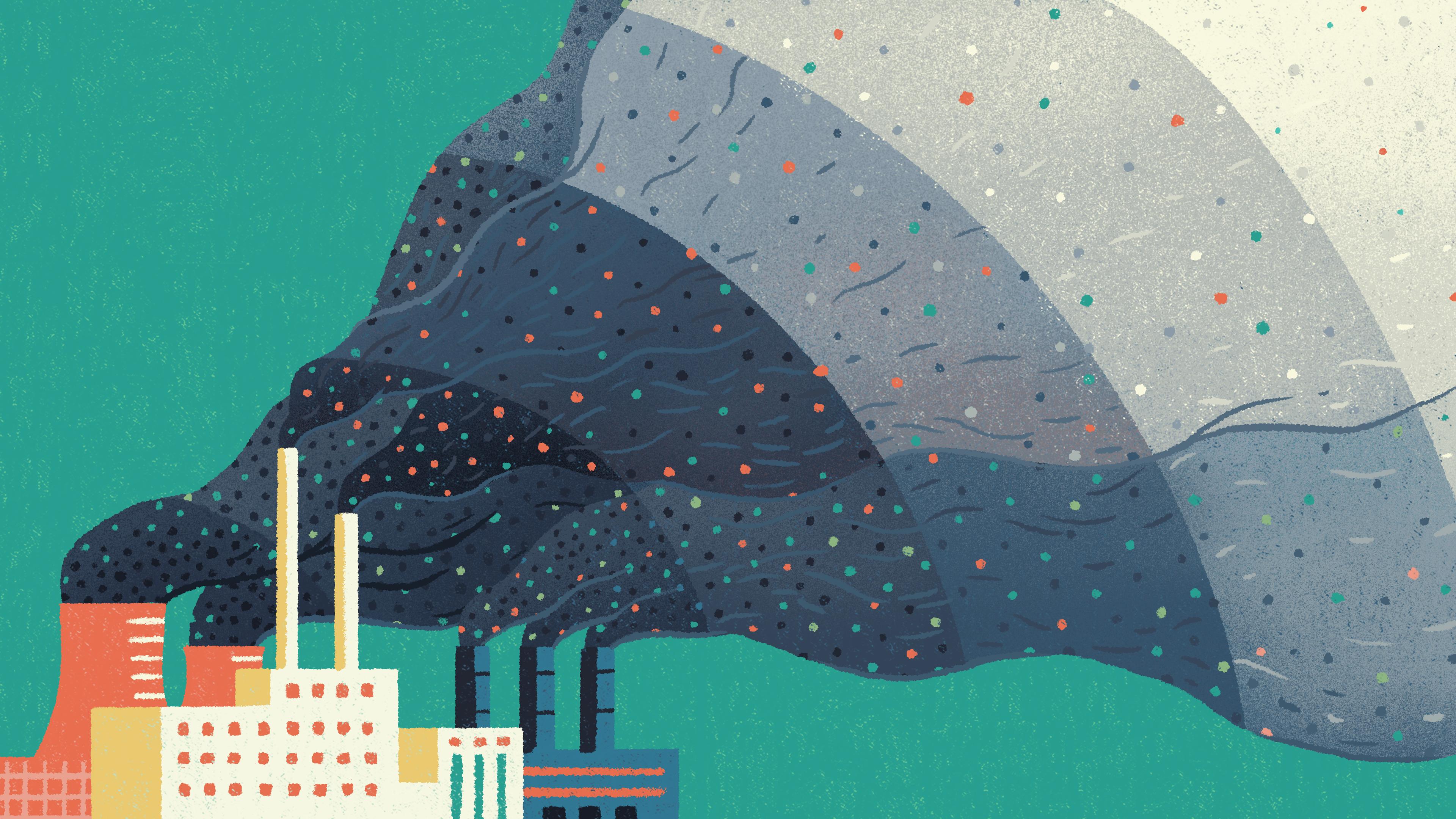 Illustration of factories creating dark clouds