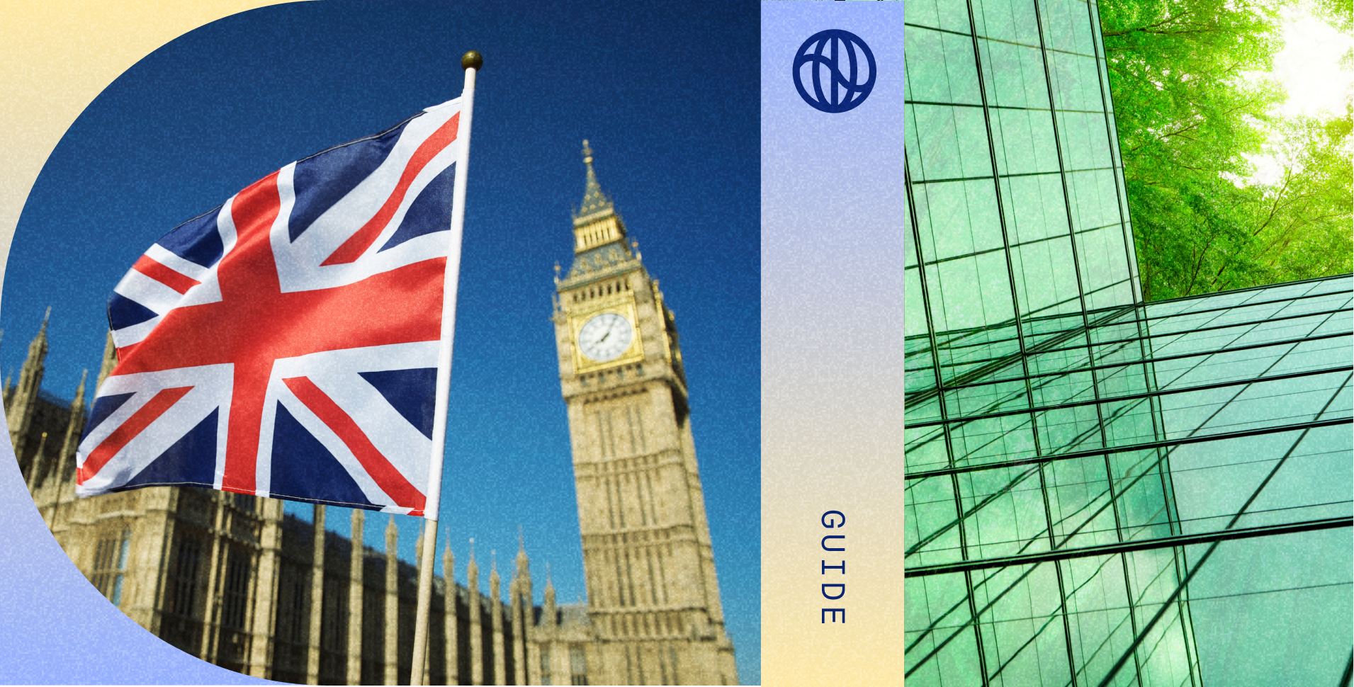 UK Flag plus greenery reflecting on high rises