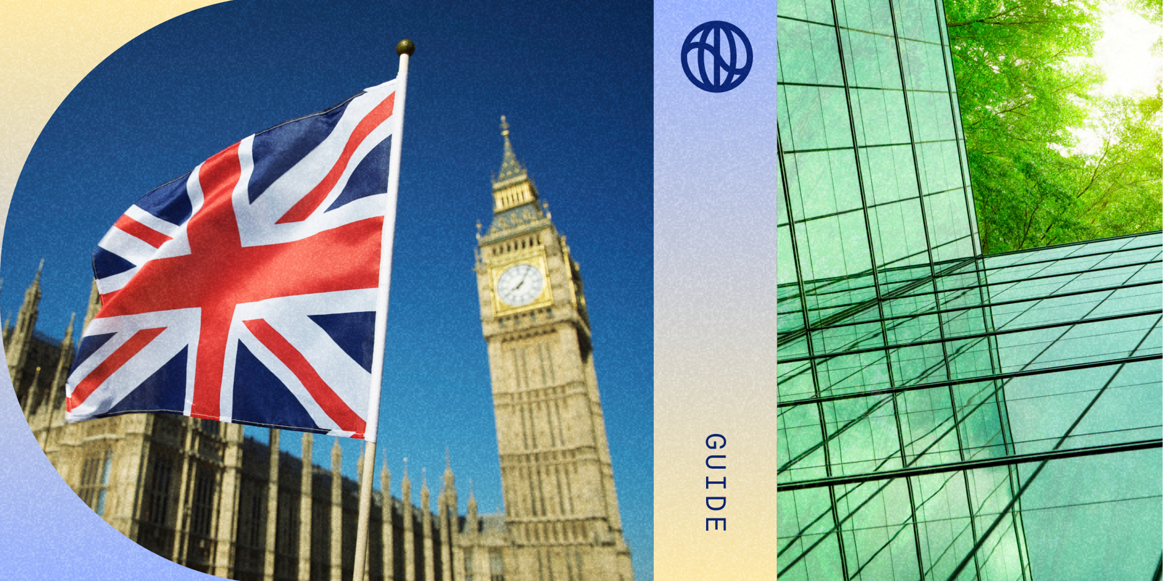 UK Flag plus greenery reflecting on high rises