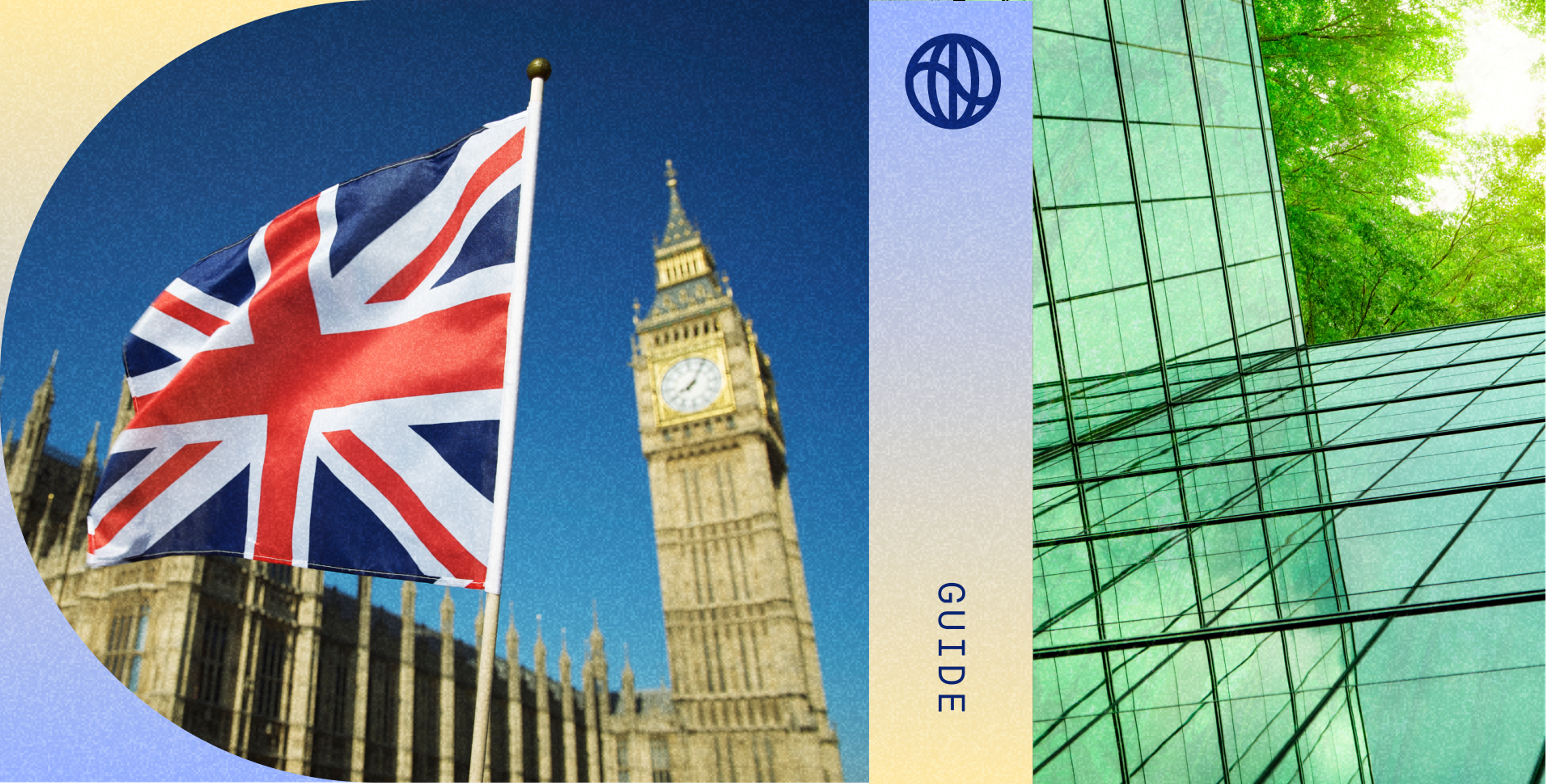 UK Flag plus greenery reflecting on high rises