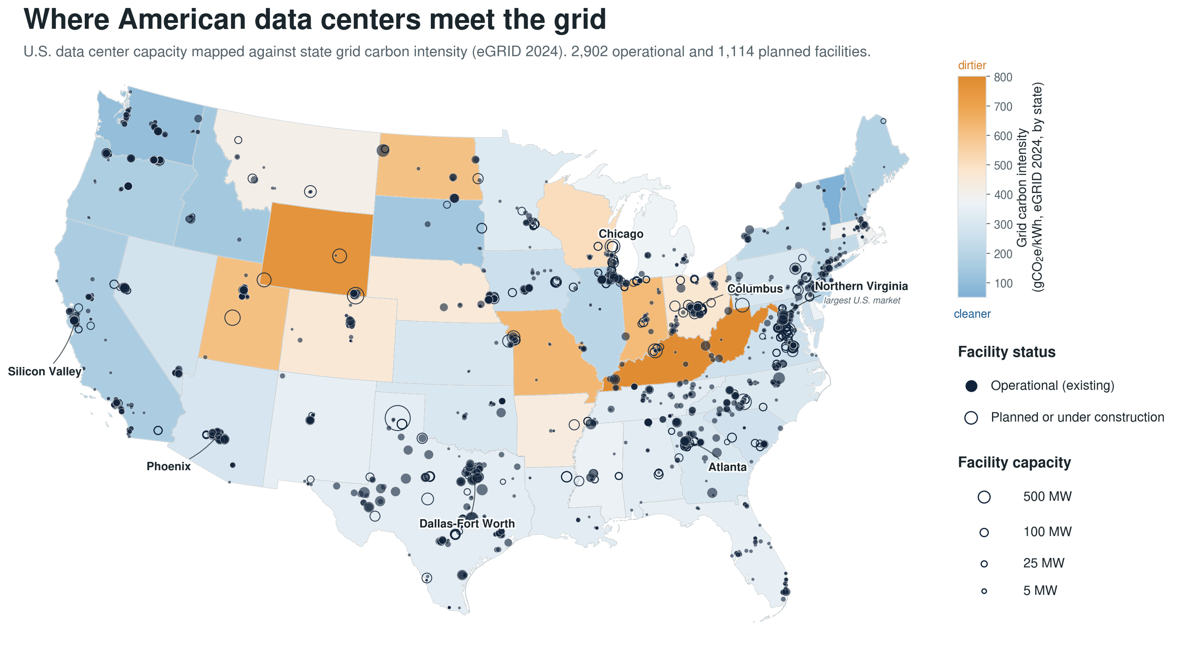 A map of the United States with data centers plotted.