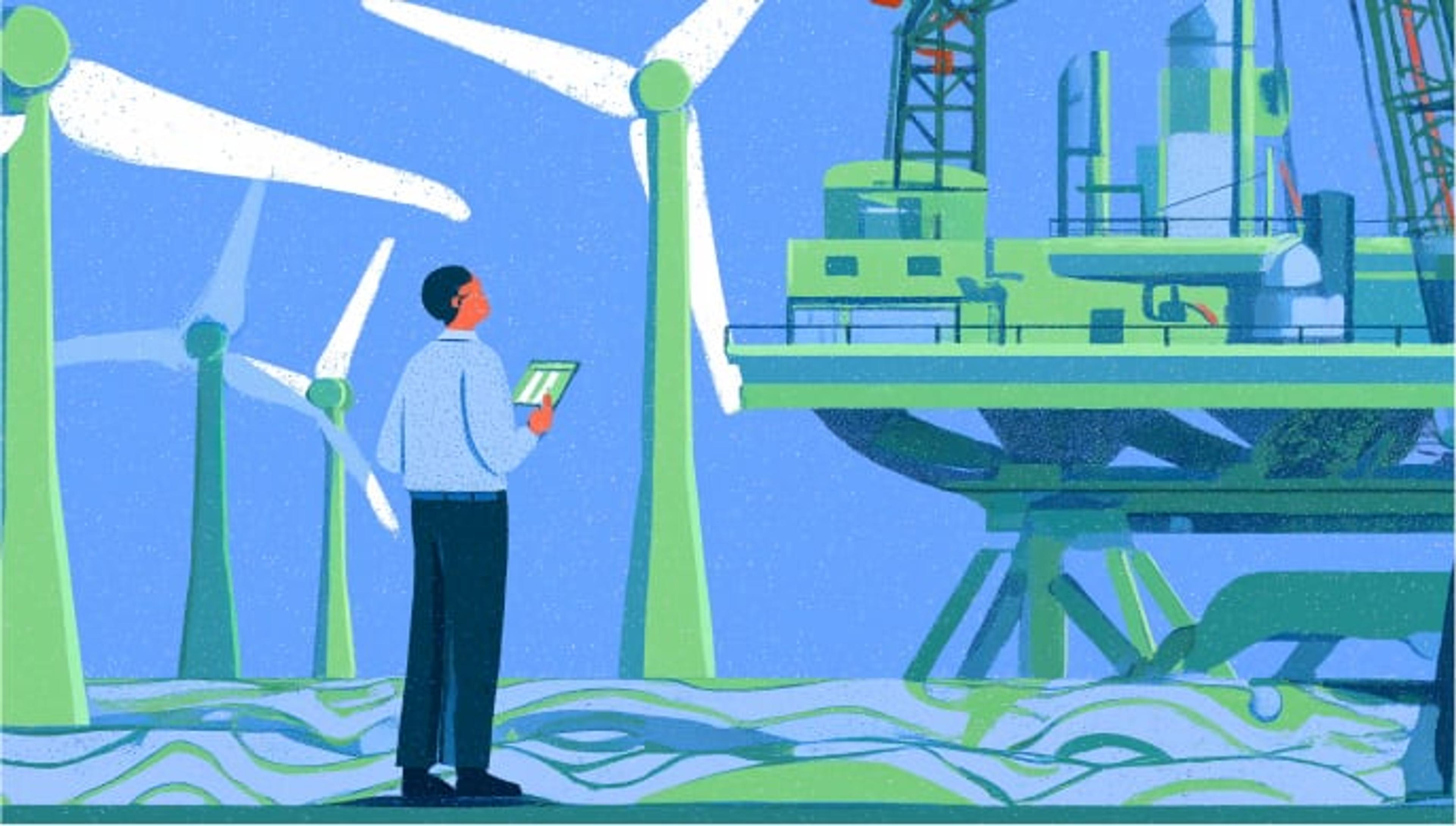 Illustration of a person holding a tablet standing among wind turbines near an offshore oil rig platform