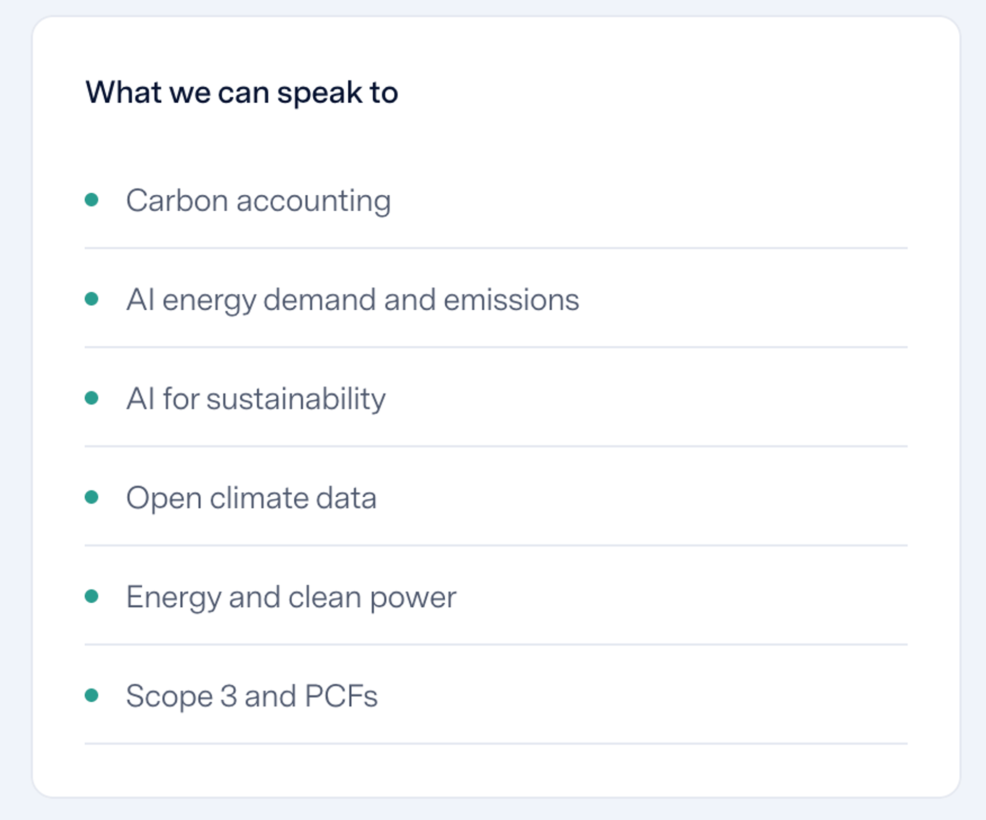 List of areas of expertise: Energy, AI emissions, Scope 3 & PCFs, AI for sustainability