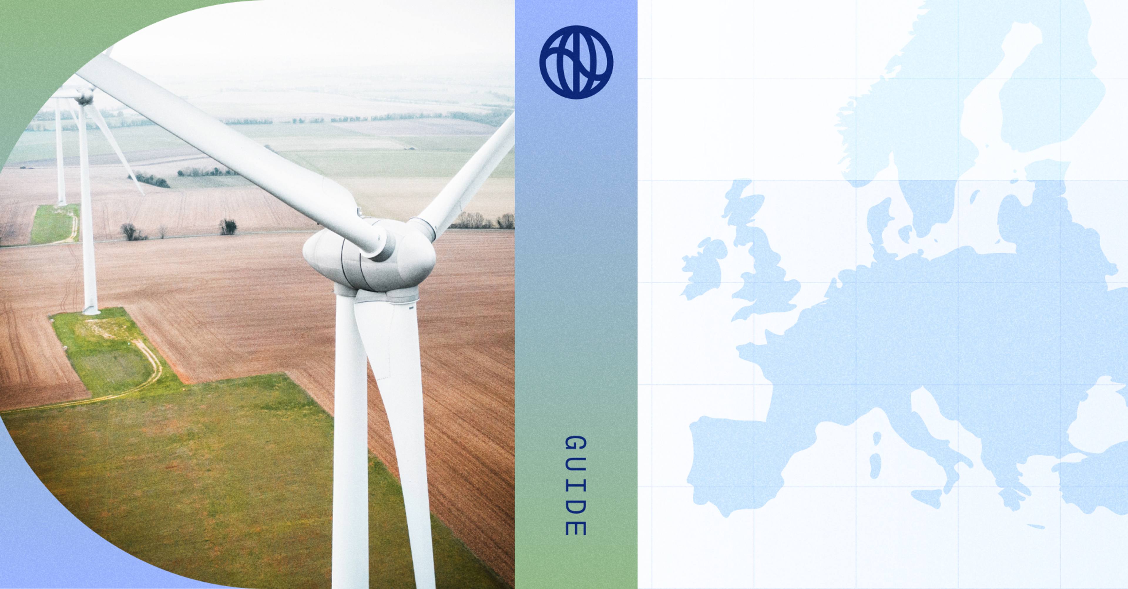 A collage showing a close-up of wind turbines in a row laid out in perspective on a vast field of grass and dirt, paired with a vectorized map of Europe