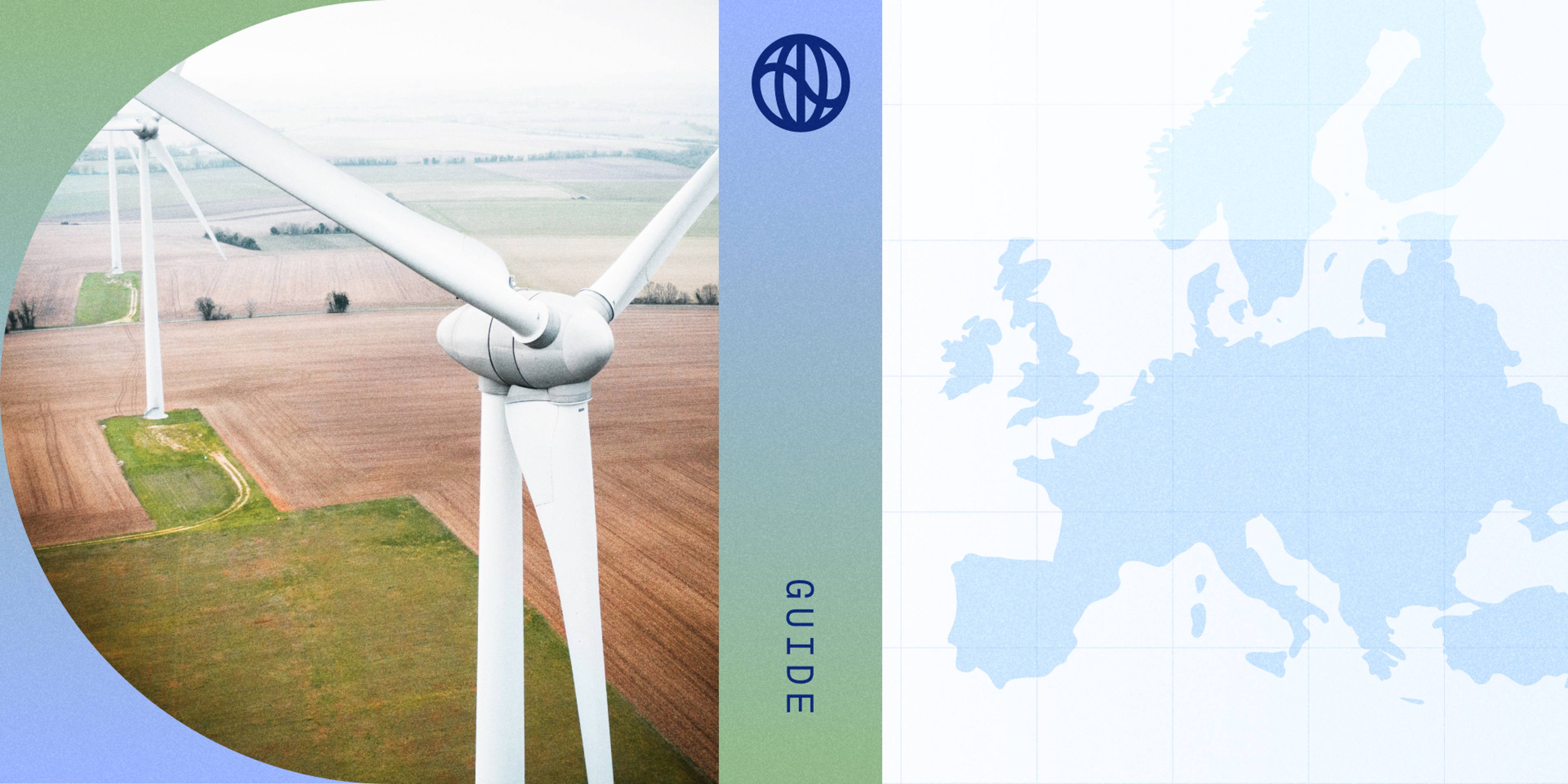 A collage showing a close-up of wind turbines in a row laid out in perspective on a vast field of grass and dirt, paired with a vectorized map of Europe