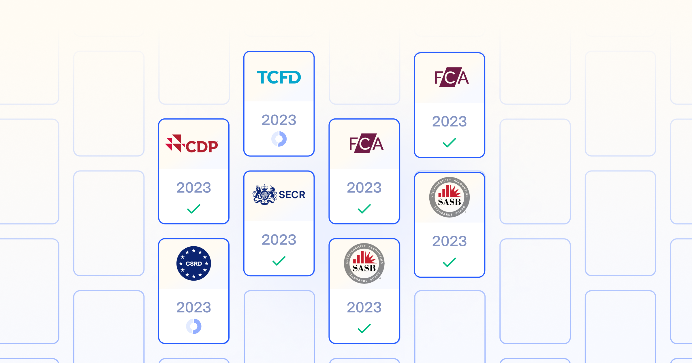 Illustration of grid of cards with reporting logos like TCFD and CDP for 2023