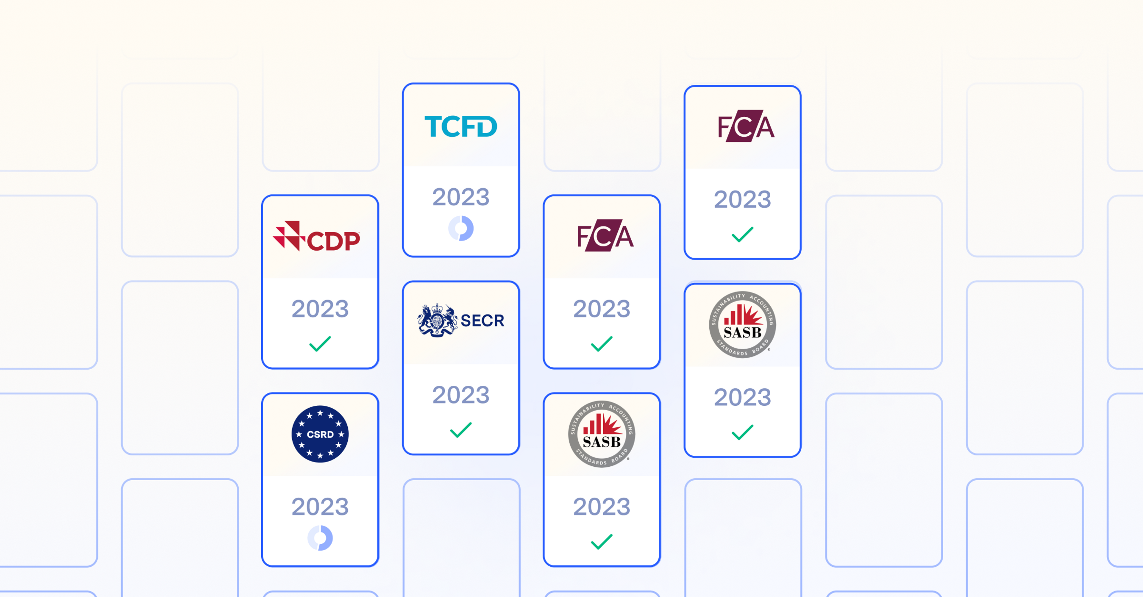 Illustration of grid of cards with reporting logos like TCFD and CDP for 2023