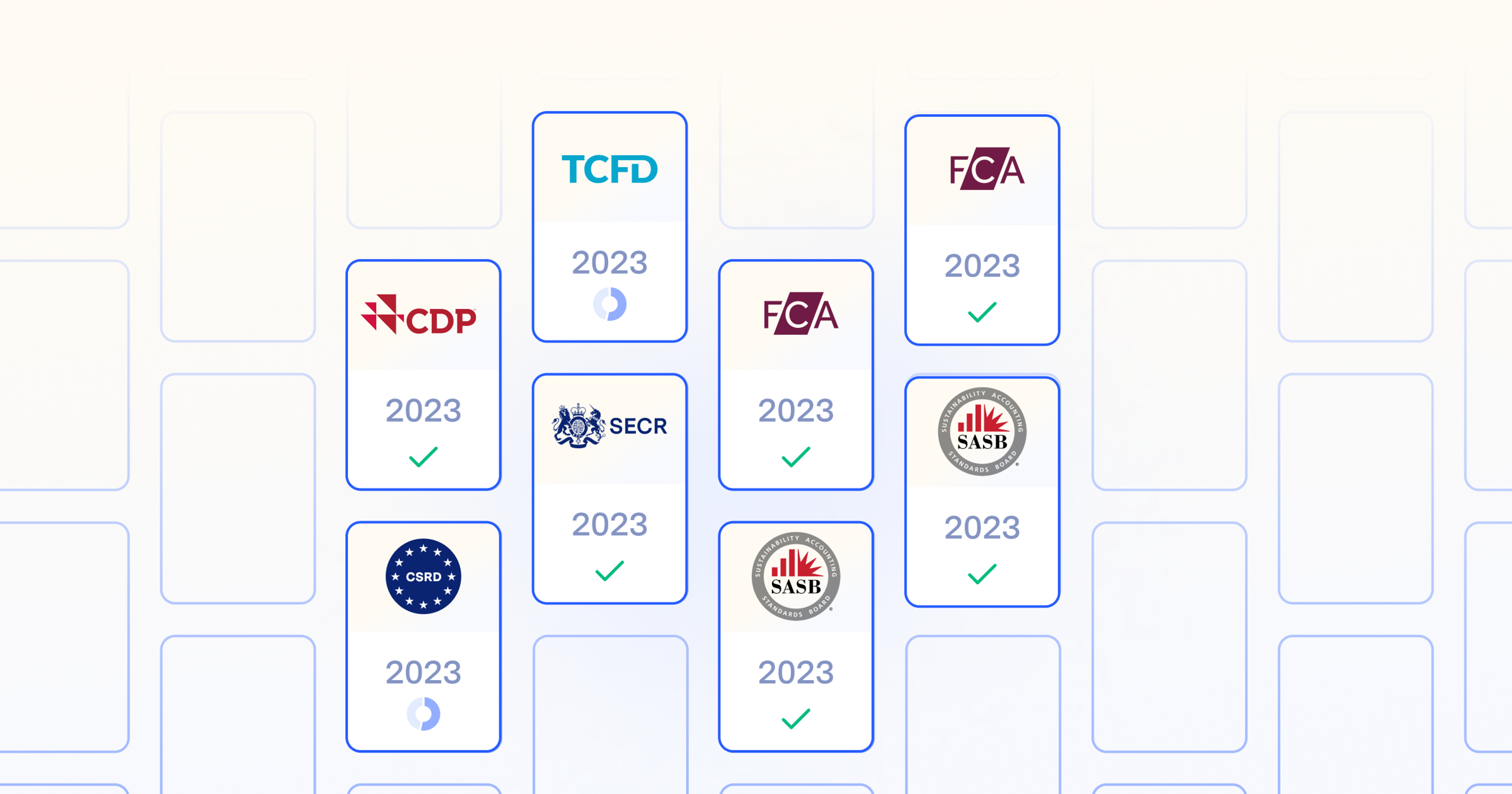Illustration of grid of cards with reporting logos like TCFD and CDP for 2023