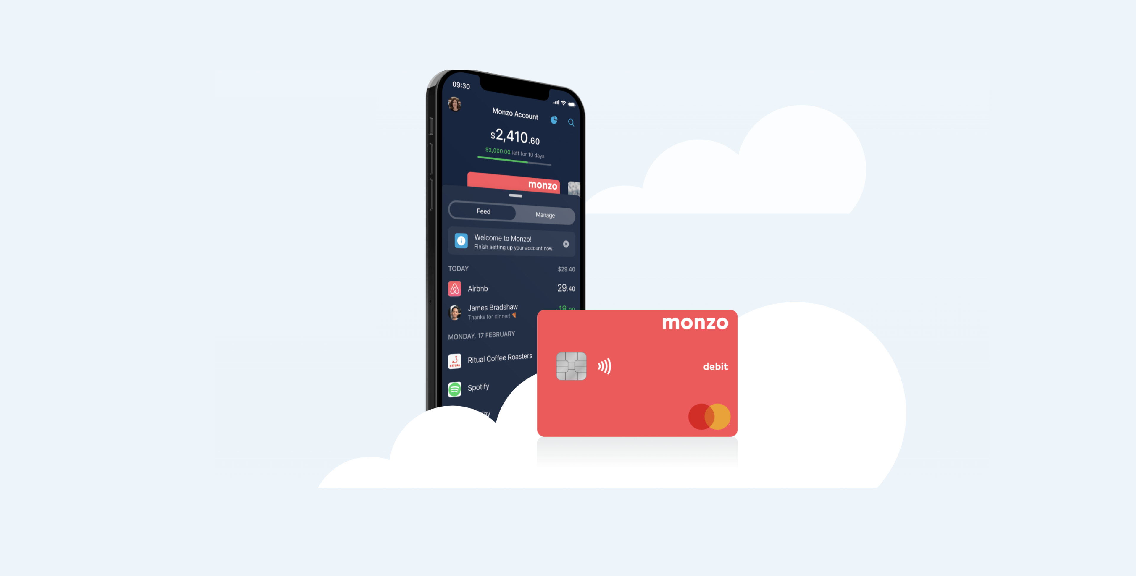Illustration of Monzo card & mobile app floating in clouds