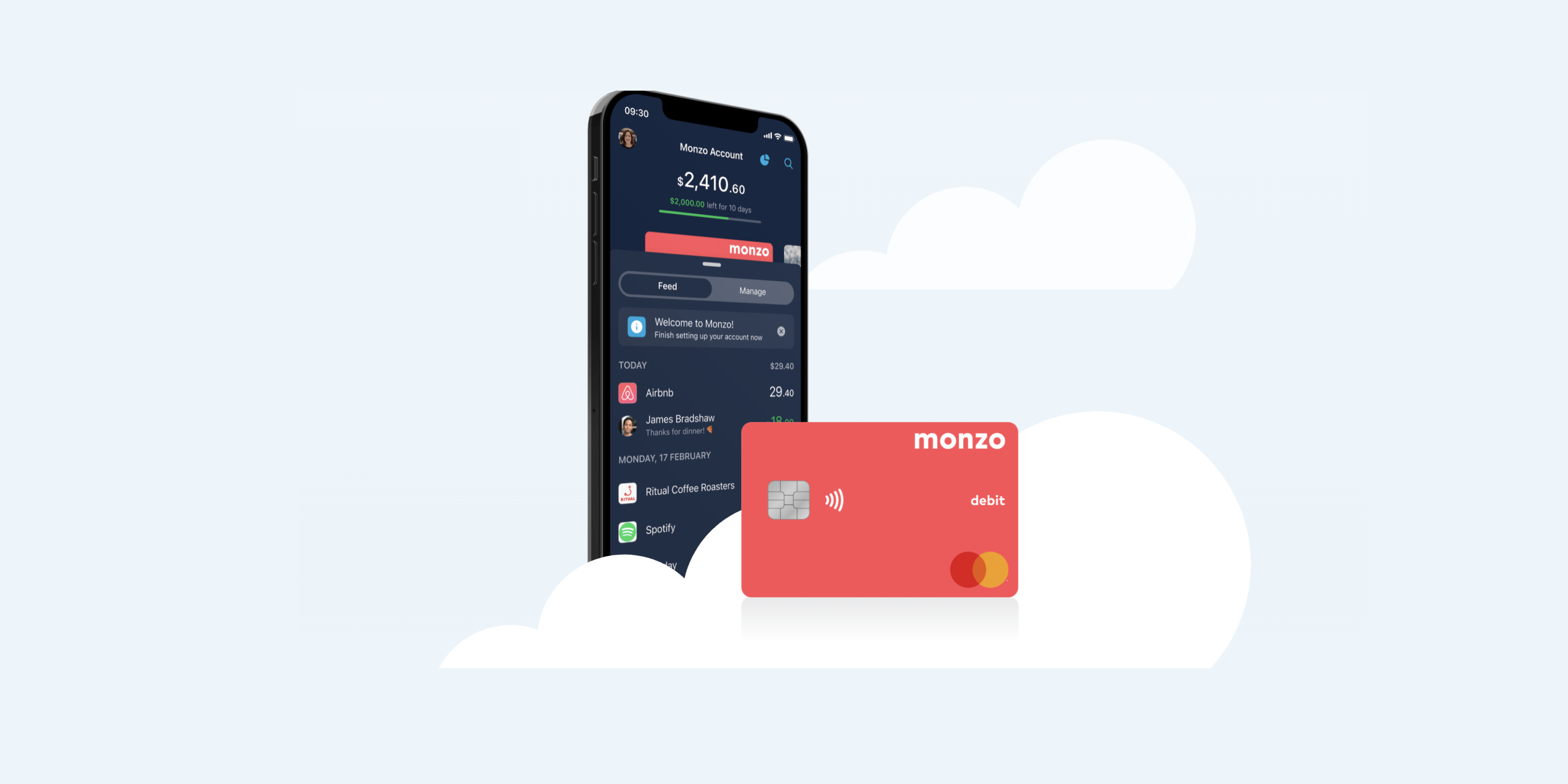 Illustration of Monzo card & mobile app floating in clouds