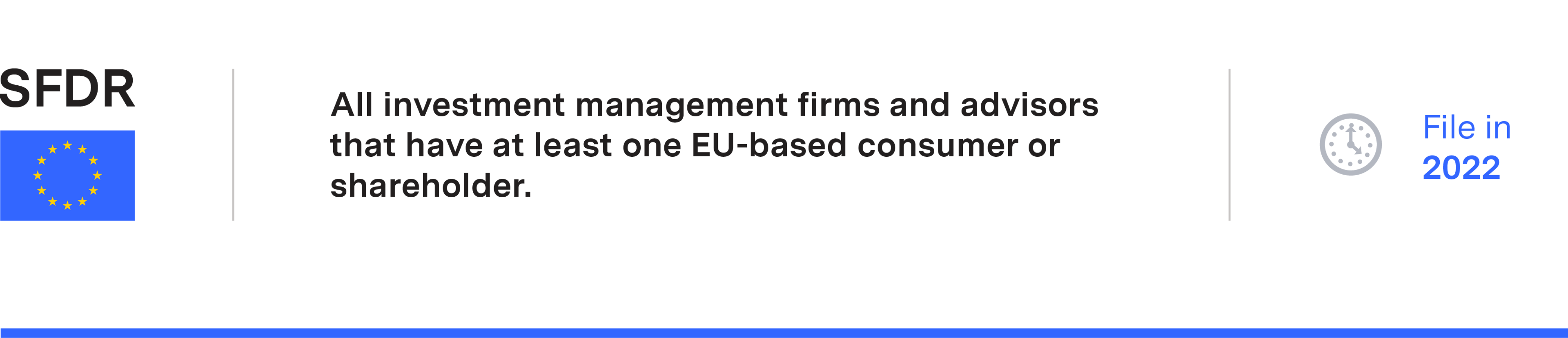 SFDR requirement: Any org that manages, sells, or advises on investment products available to consumers in the EU. File in 2022.