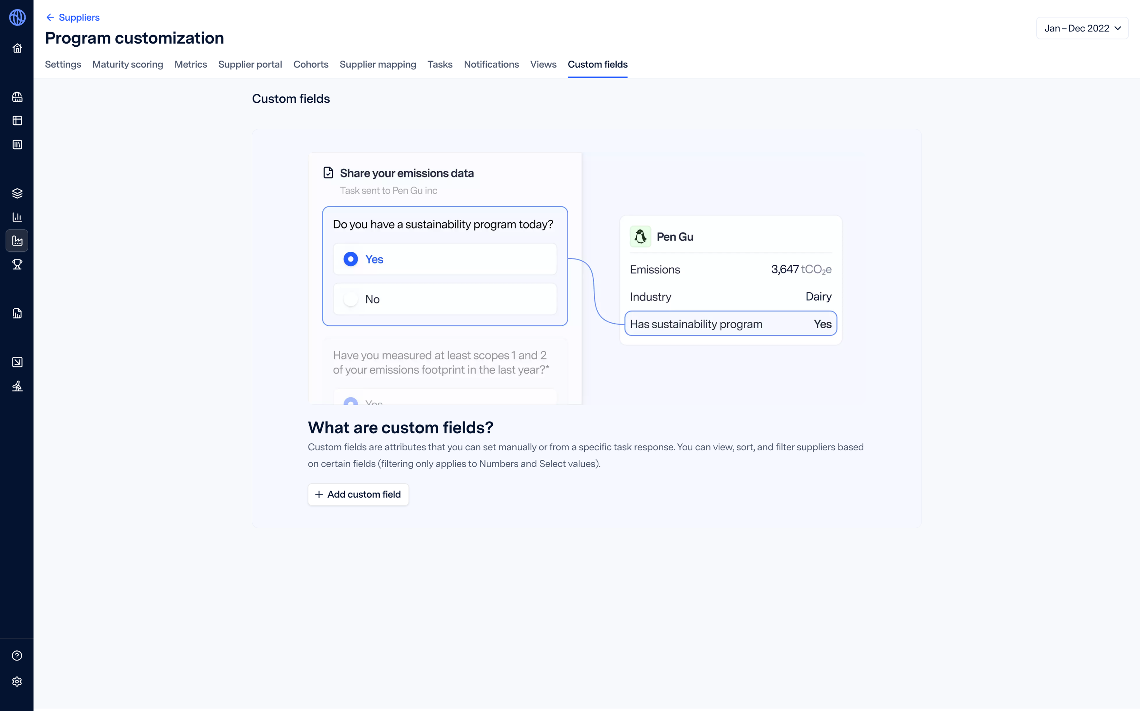 custom fields tab in program customization in supply chain