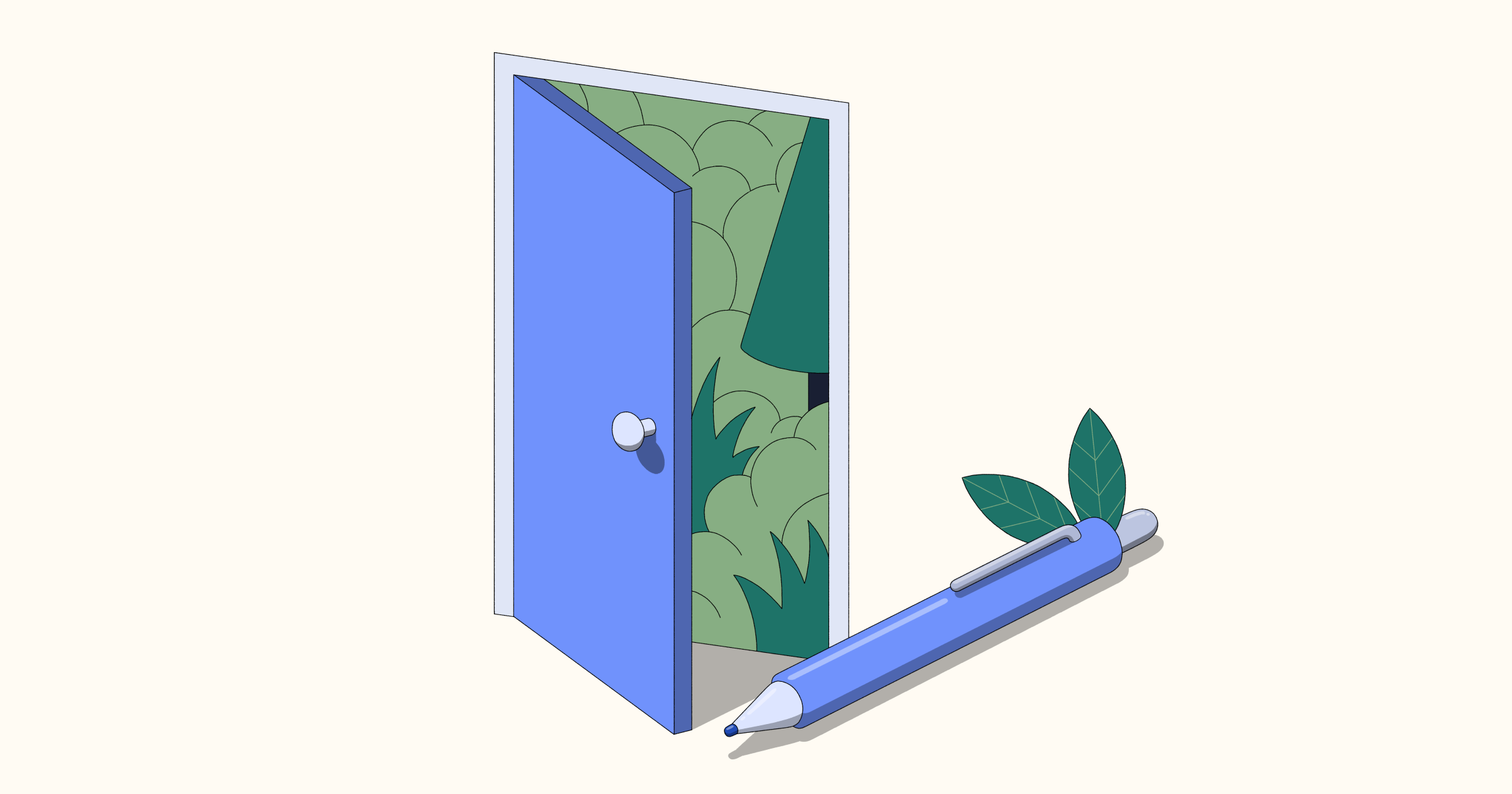 Open door with greenery inside, pen in front