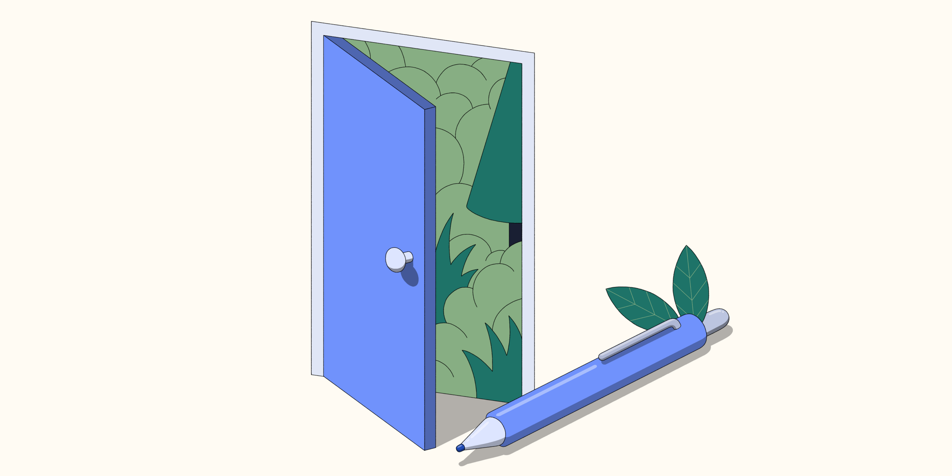 Open door with greenery inside, pen in front
