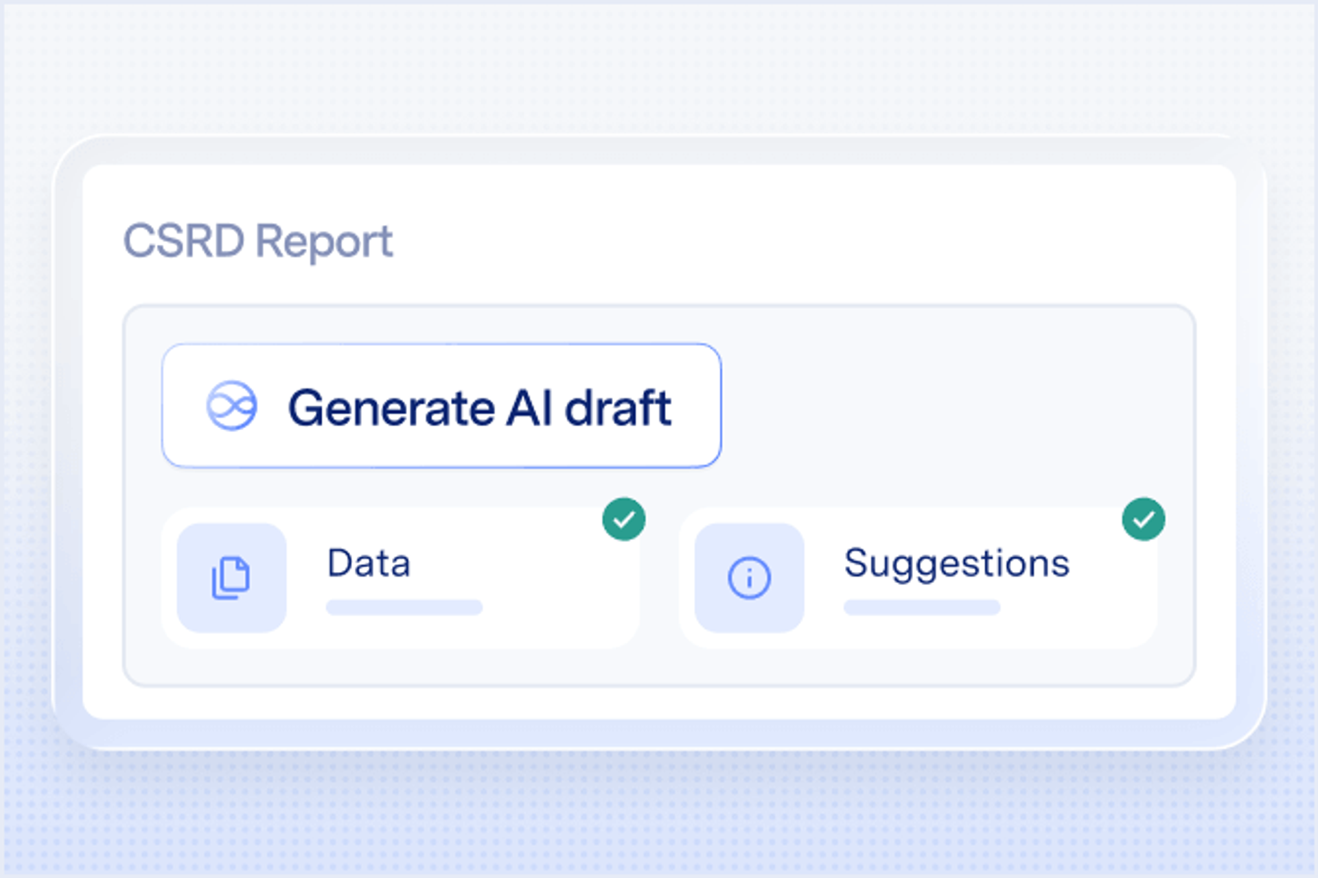 CSRD report dashboard with AI draft generation button and completed data and suggestions sections