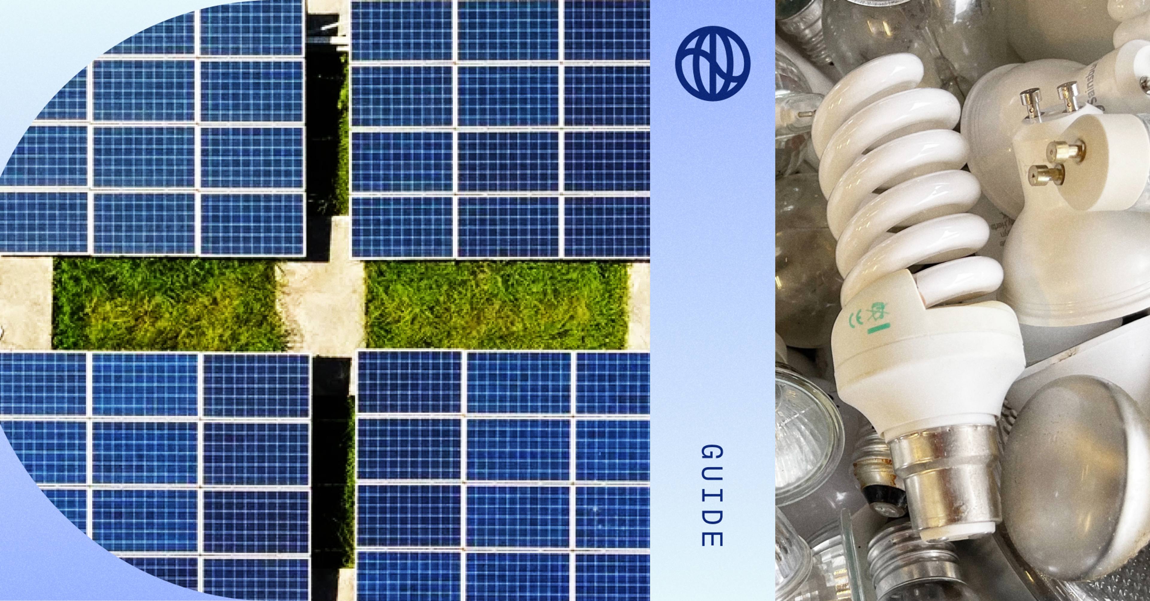A collage showing an aerial array of solar panels on a sunny day on a grassy field, paired with a messy pile of used halogen and fluorescent light bulbs