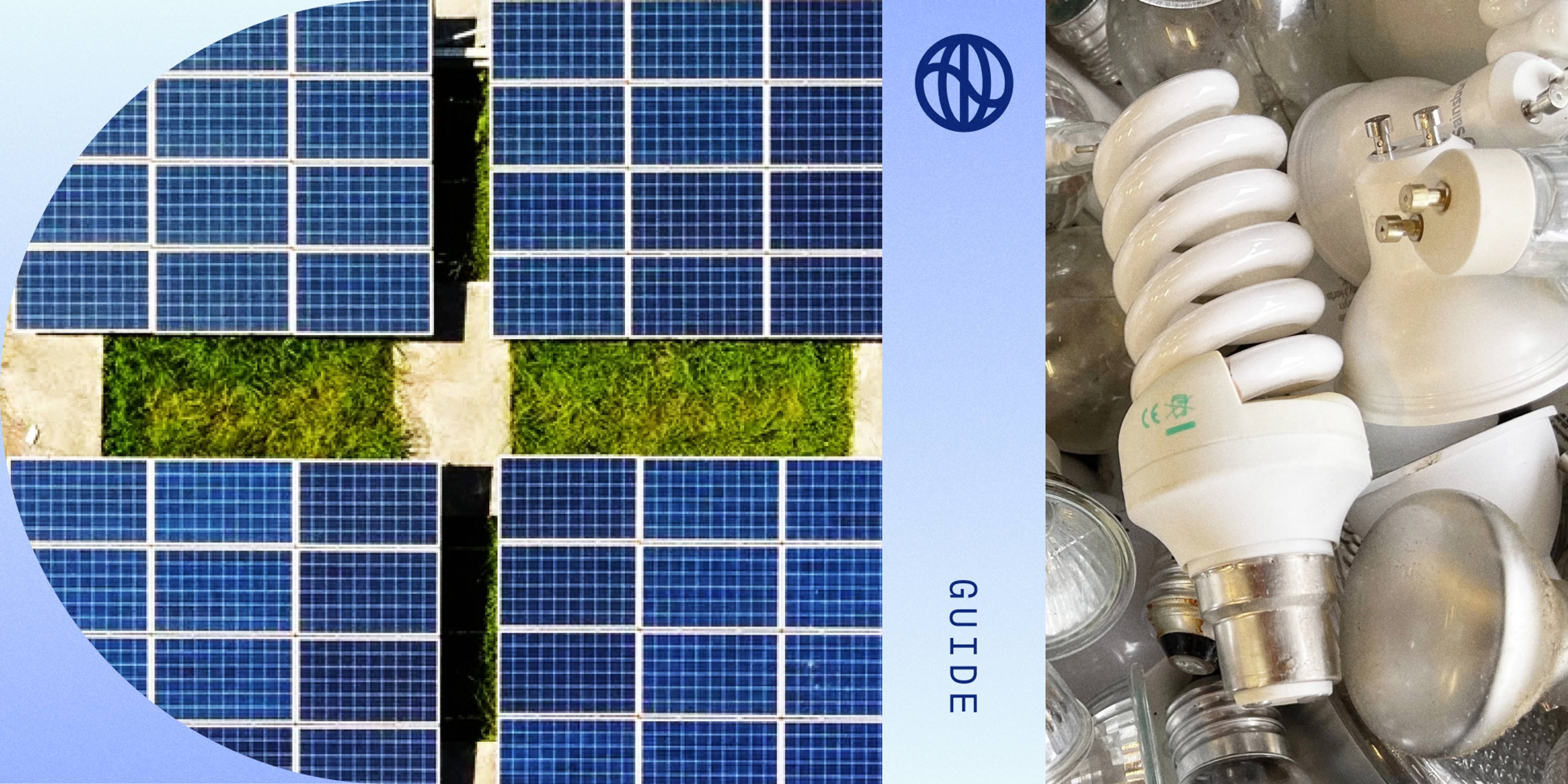 A collage showing an aerial array of solar panels on a sunny day on a grassy field, paired with a messy pile of used halogen and fluorescent light bulbs