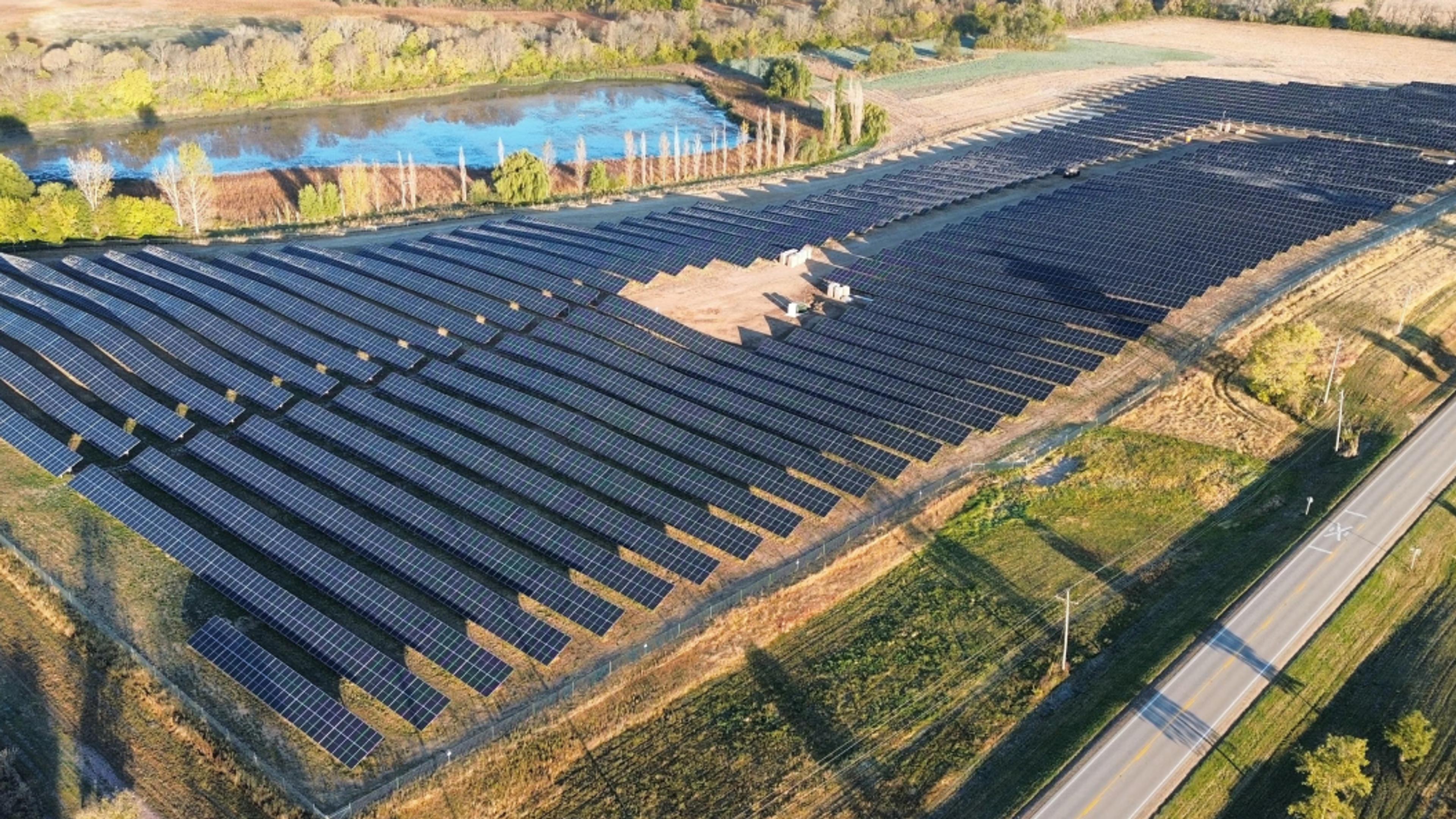 Aerial photo of a solar array installed in partnership with Canva and Watershed