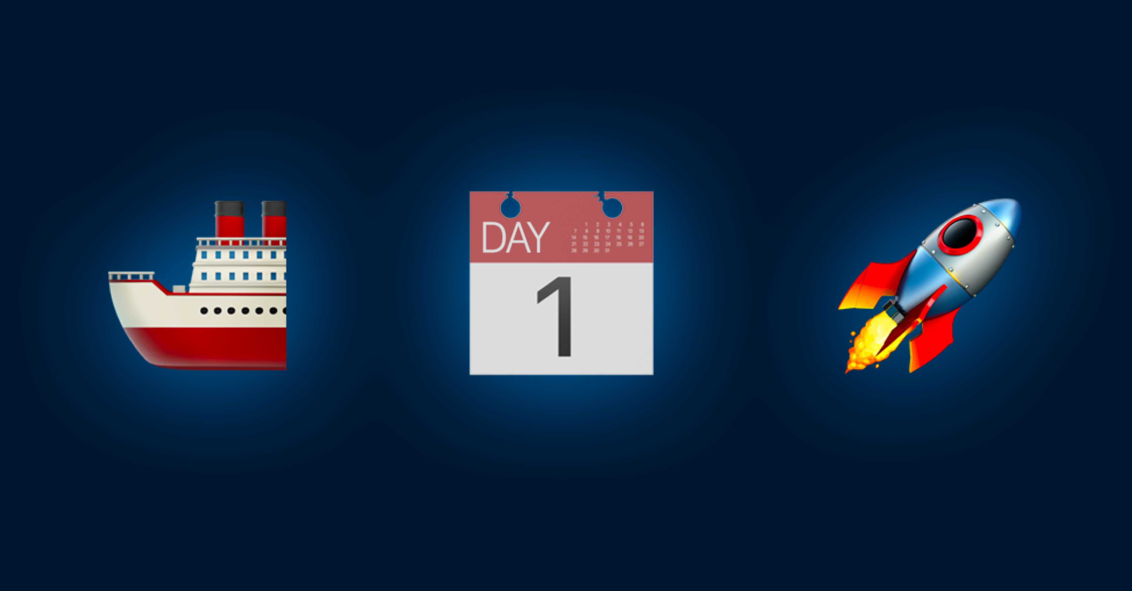 Illustration of a ship emoji, day one emoji, and rocket emoji