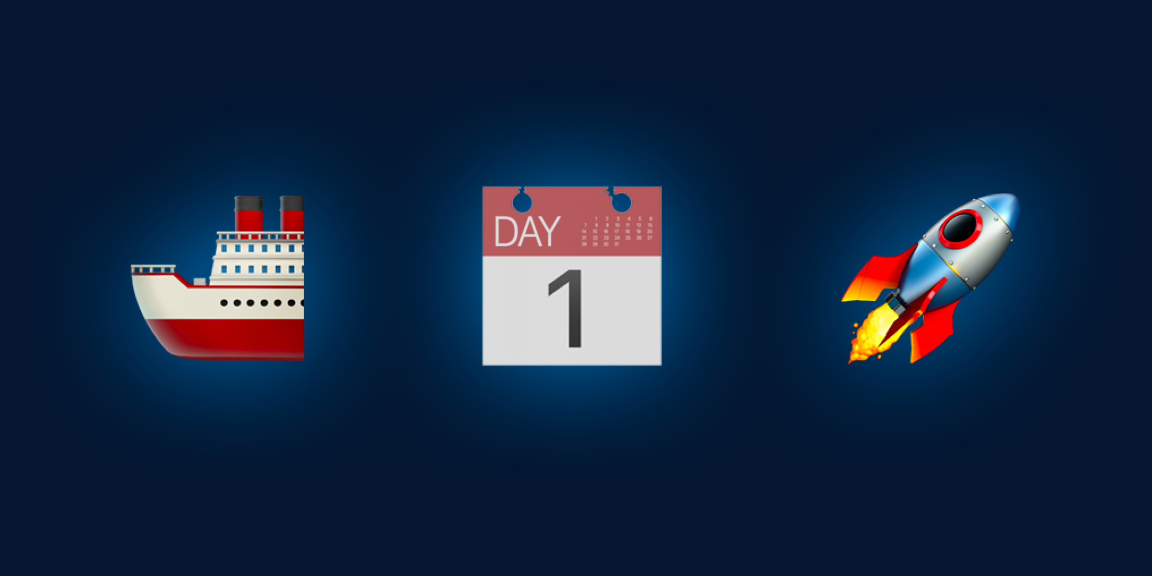 Illustration of a ship emoji, day one emoji, and rocket emoji