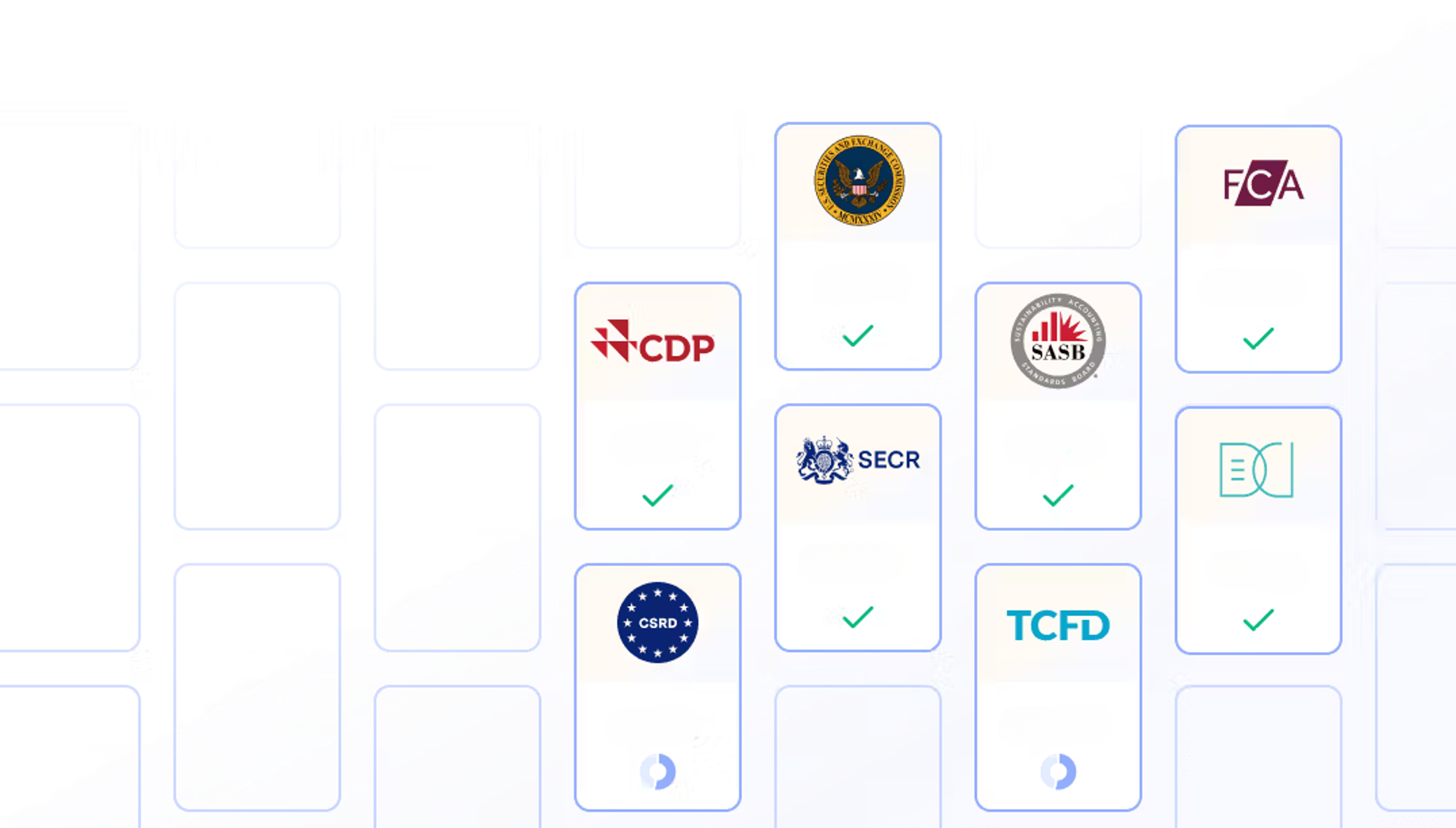 Illustration of report cards with TCFD, CDP, etc logos