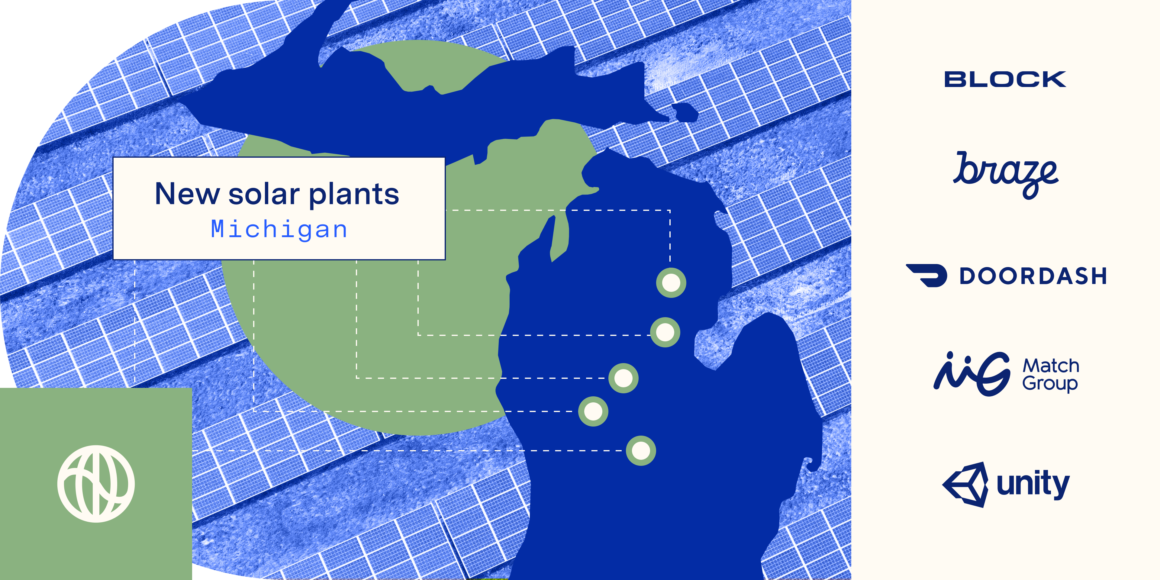 blog header image showing five new solar plants in Michigan partially funded by Block, Braze, DoorDash, Match Group, and Unity