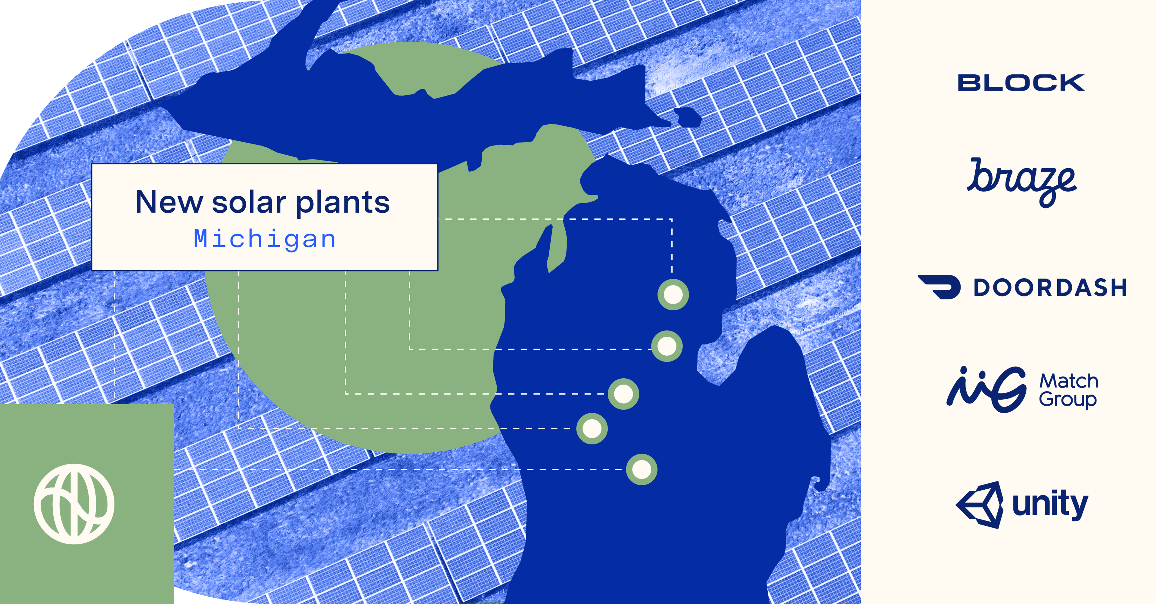 blog header image showing five new solar plants in Michigan partially funded by Block, Braze, DoorDash, Match Group, and Unity