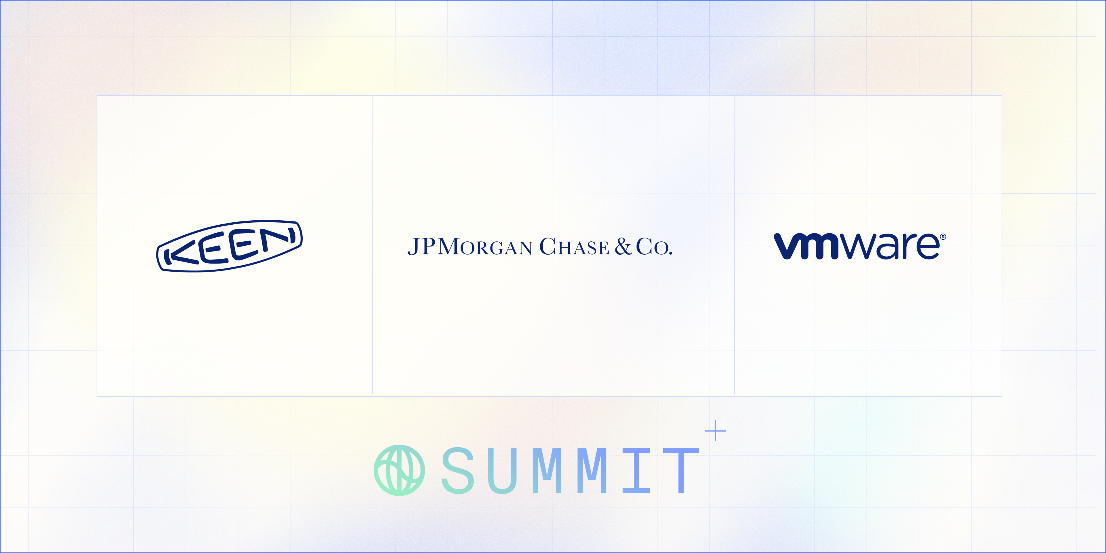 Keen, JPMorgan Chase & Co, and VMWare logos, with Watershed Summit logo on gradient grid
