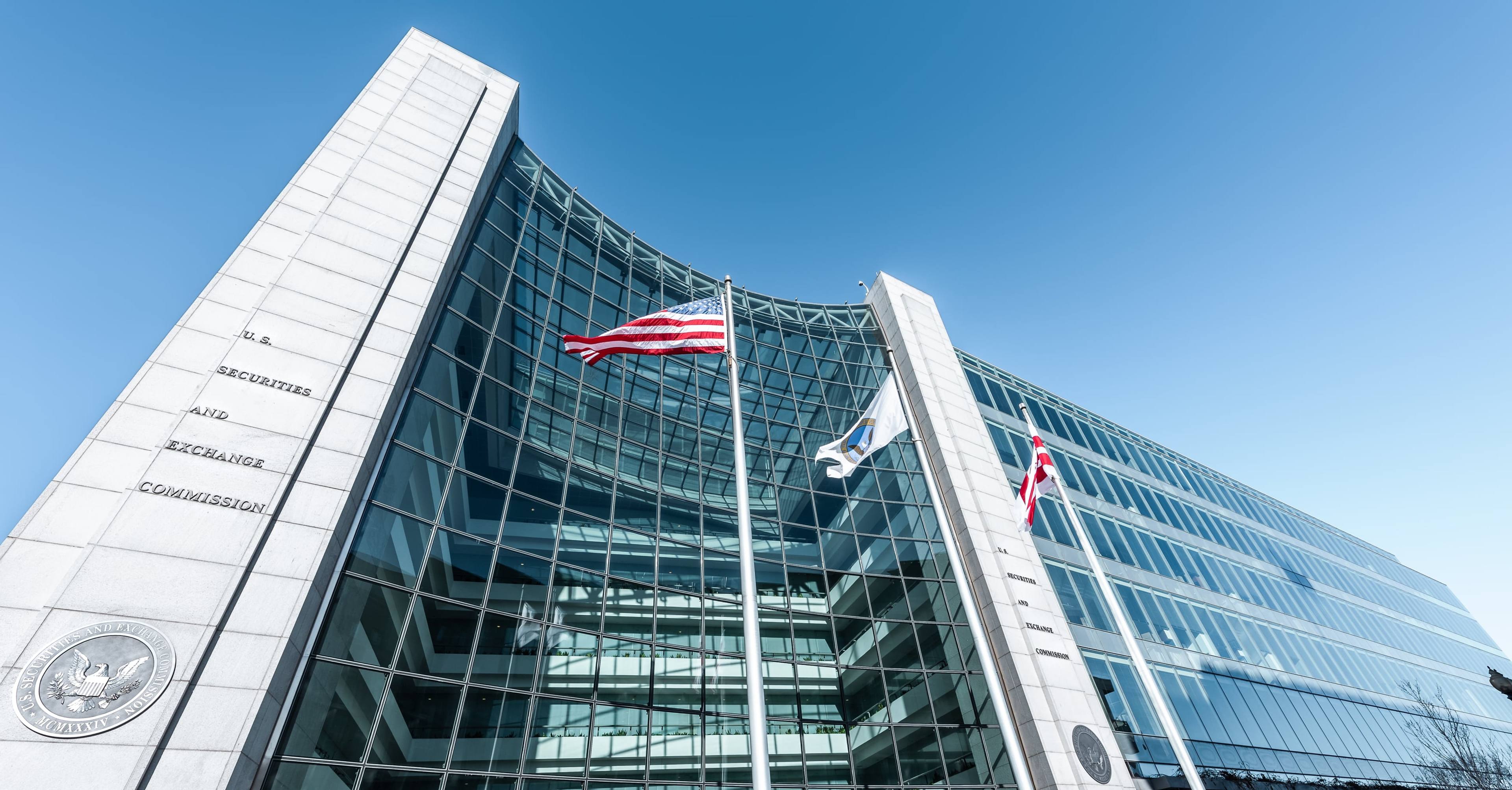 Wide-angle photograph of the glass headquarters of the SEC in Washington