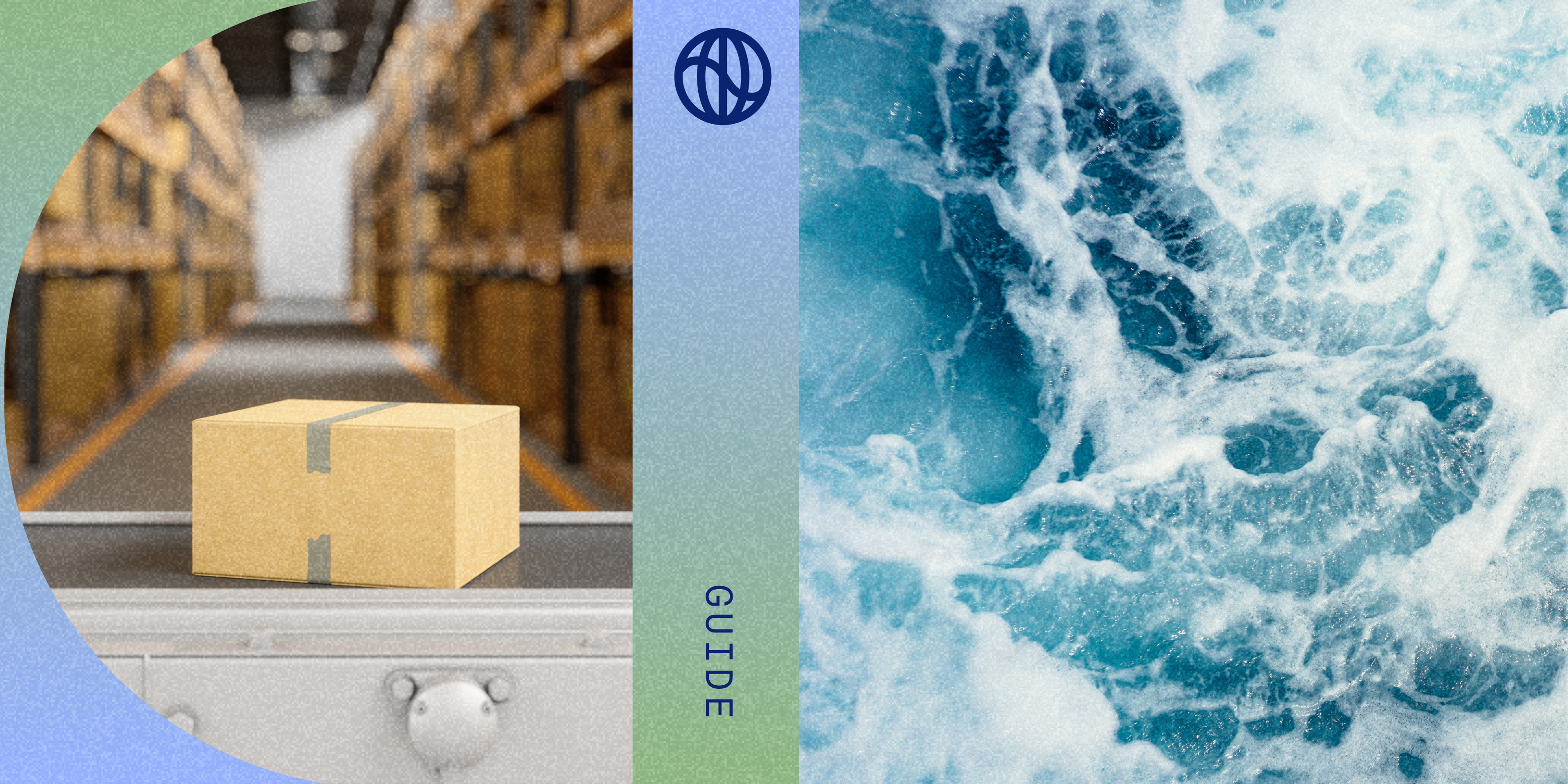 Two images side by side - box ready to ship and swirling water. Conveys climate risk for business and SEC and CSRD regulations. Text: Guide