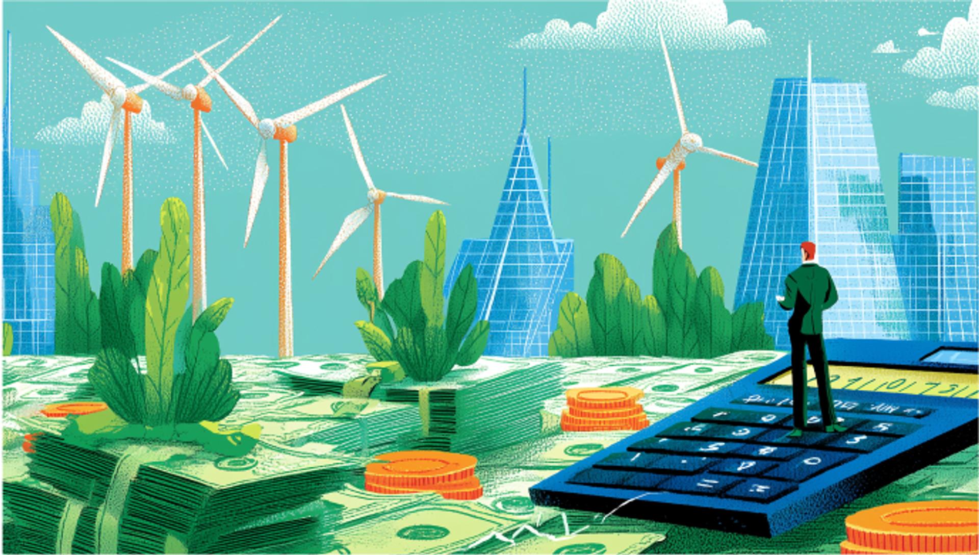 Wind mills with dollars and a calculator