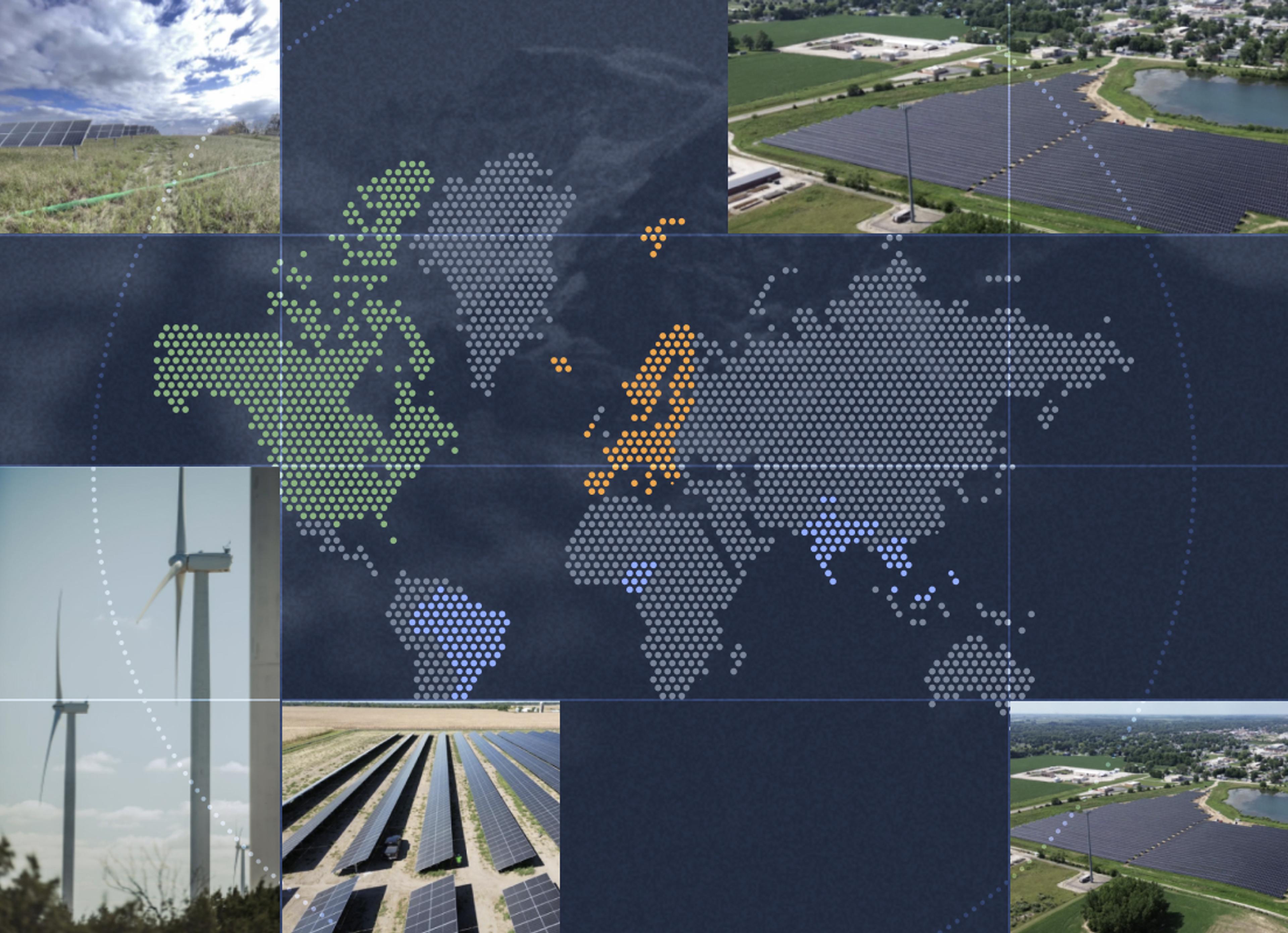 A representation of the globe with photos of Watershed decarb projects, both wind and solar.