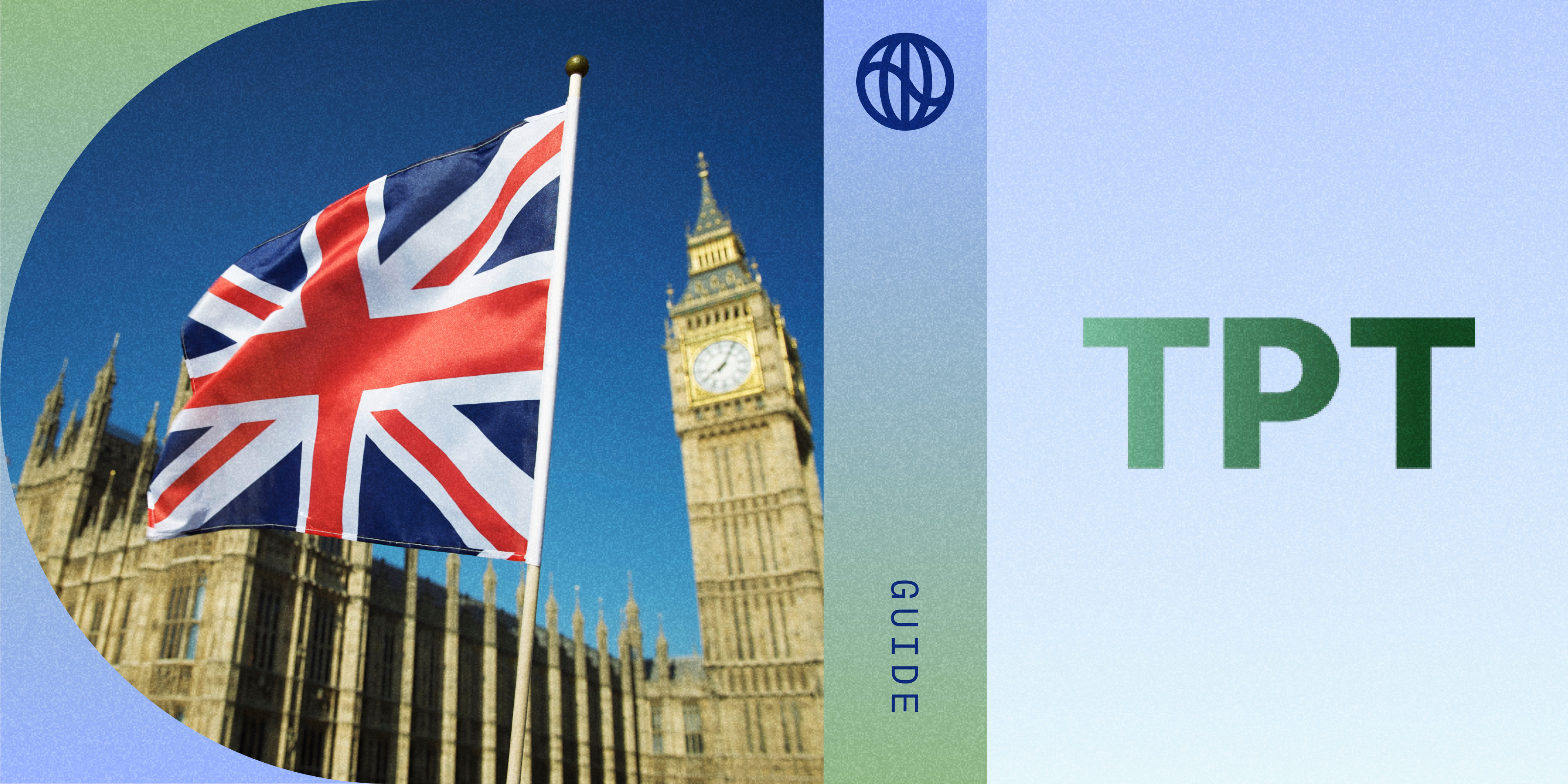 Photo of UK flag on the left and TPT logo on the right