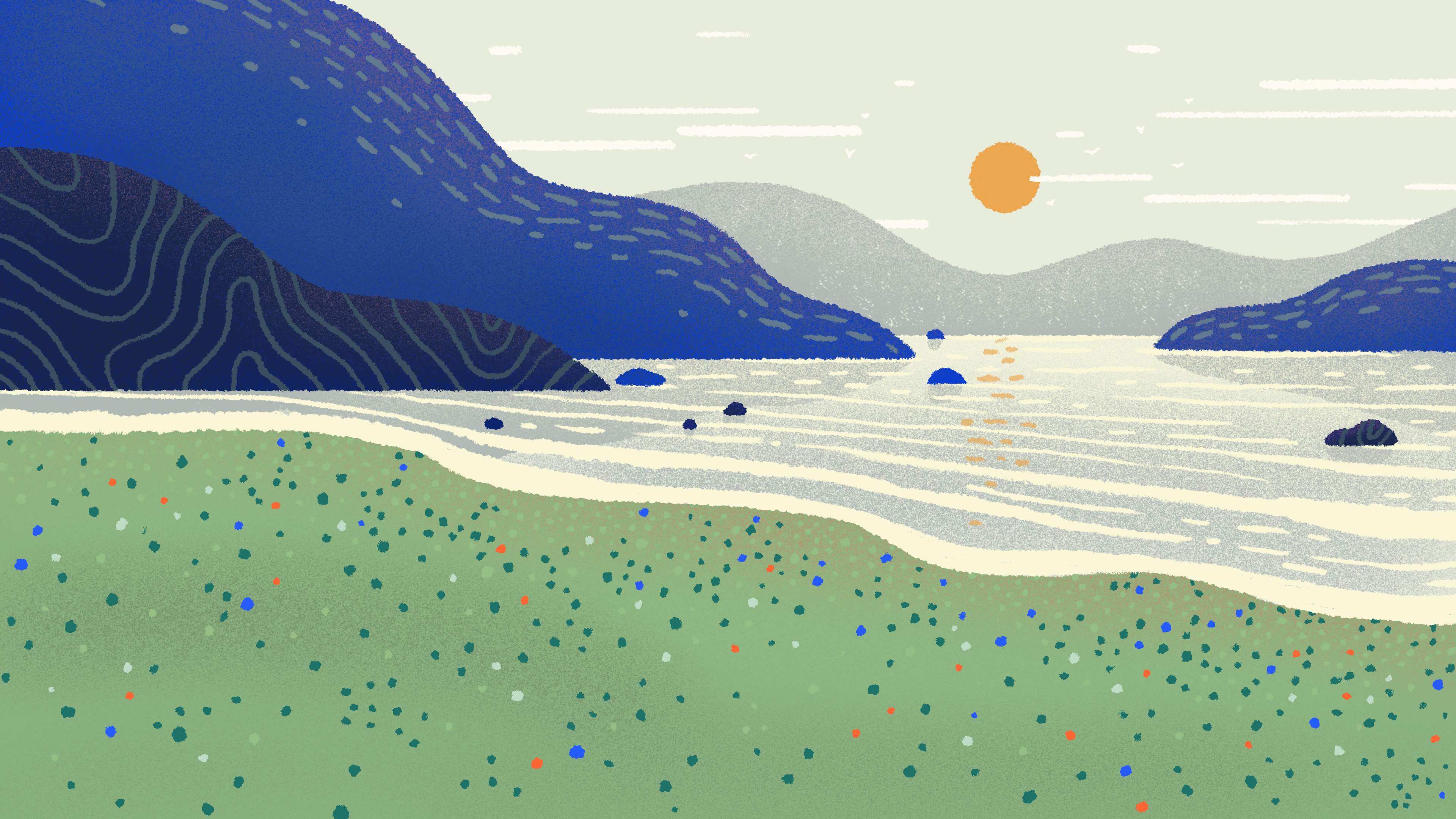 landscape illustration with sea mountains and sun