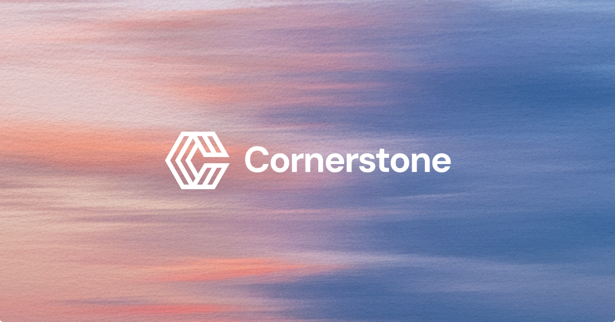 The Cornerstone logo on a blended pink and blue background