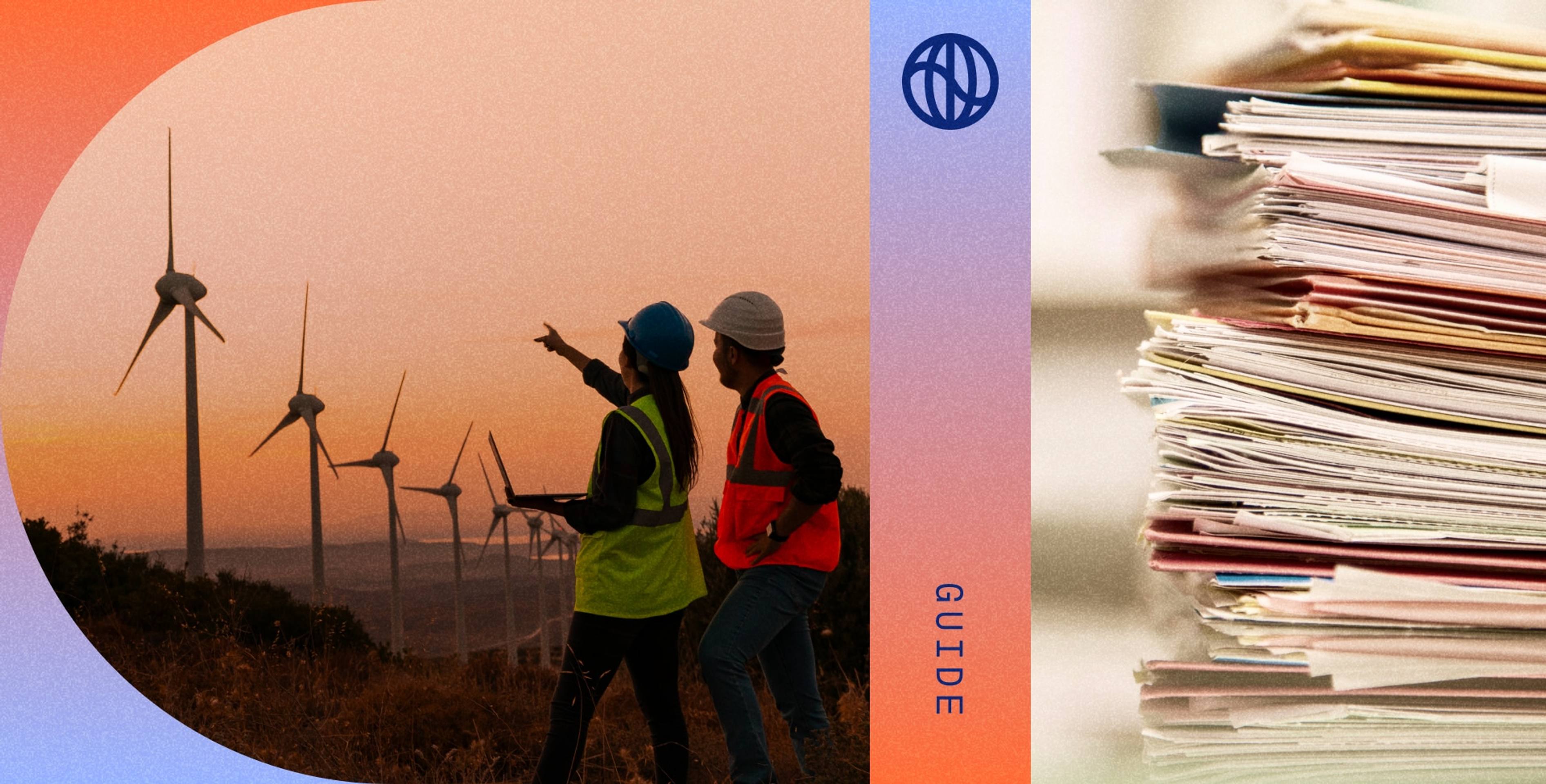 header image for a blog on audit preparation for climate data. A photo of workers looking at windmills and an image of a stack of papers