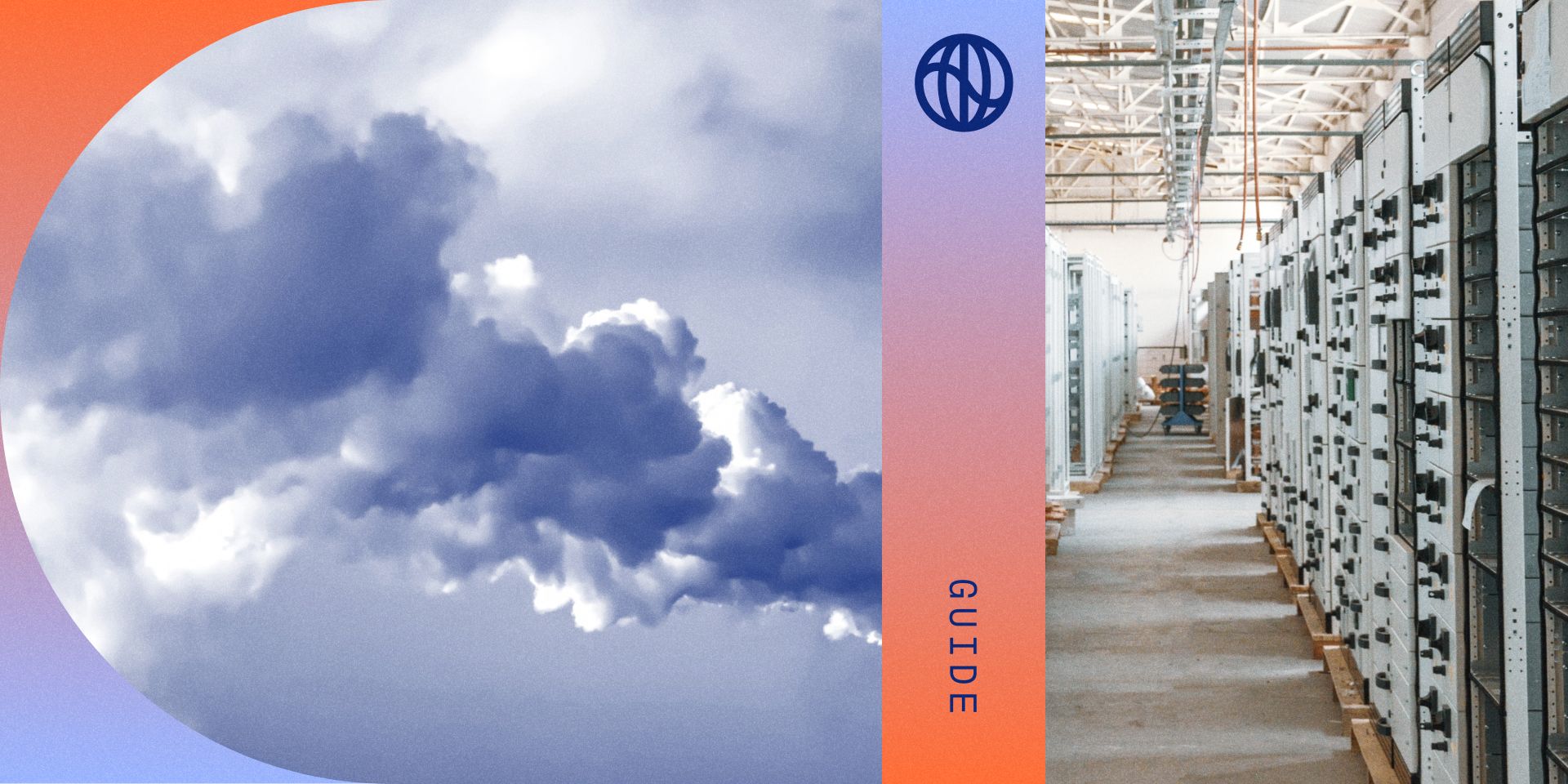 Collage of a smoky emissions plume and a long hallway of server racks in a data center