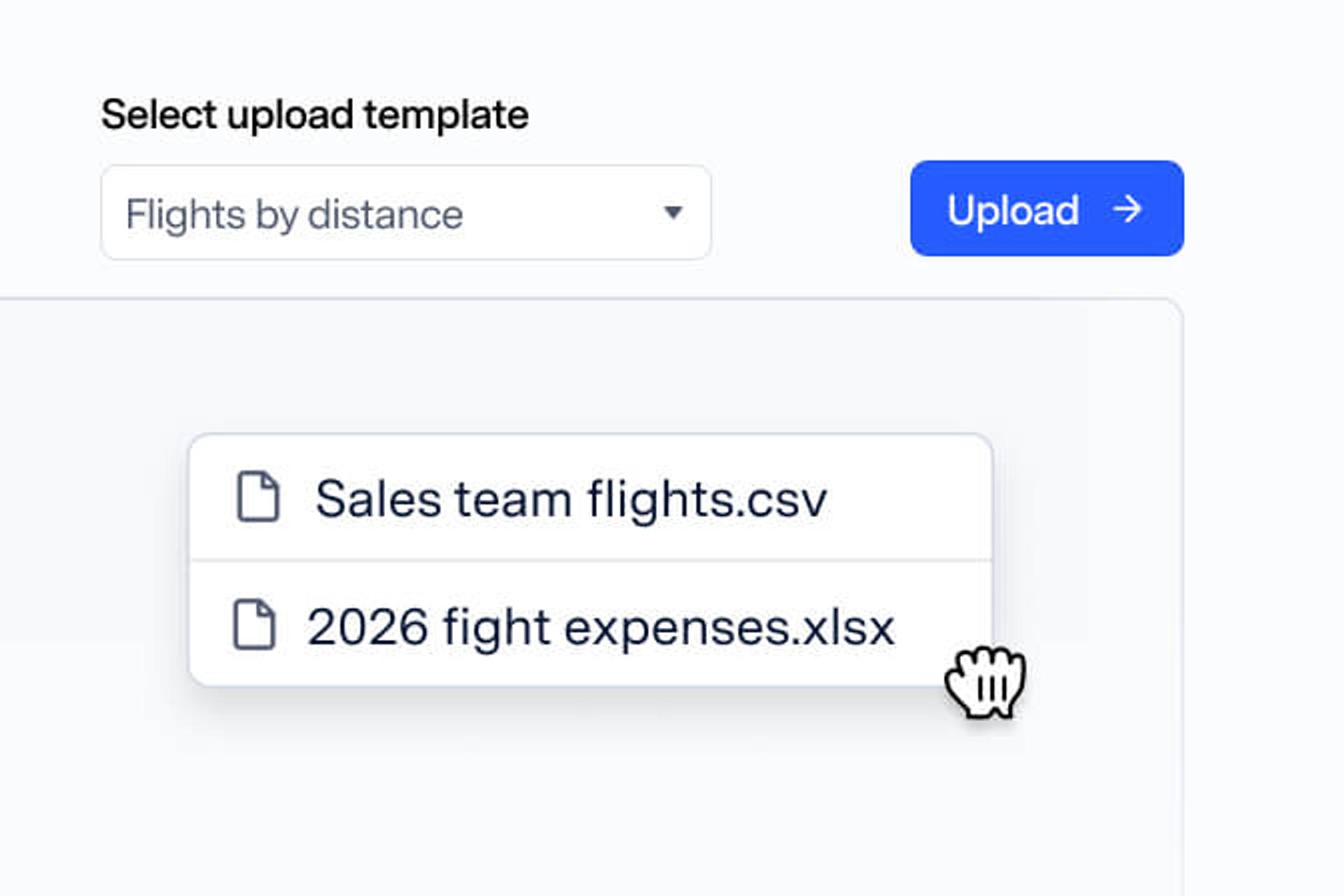 Upload template selection with flight CSV and XLSX files