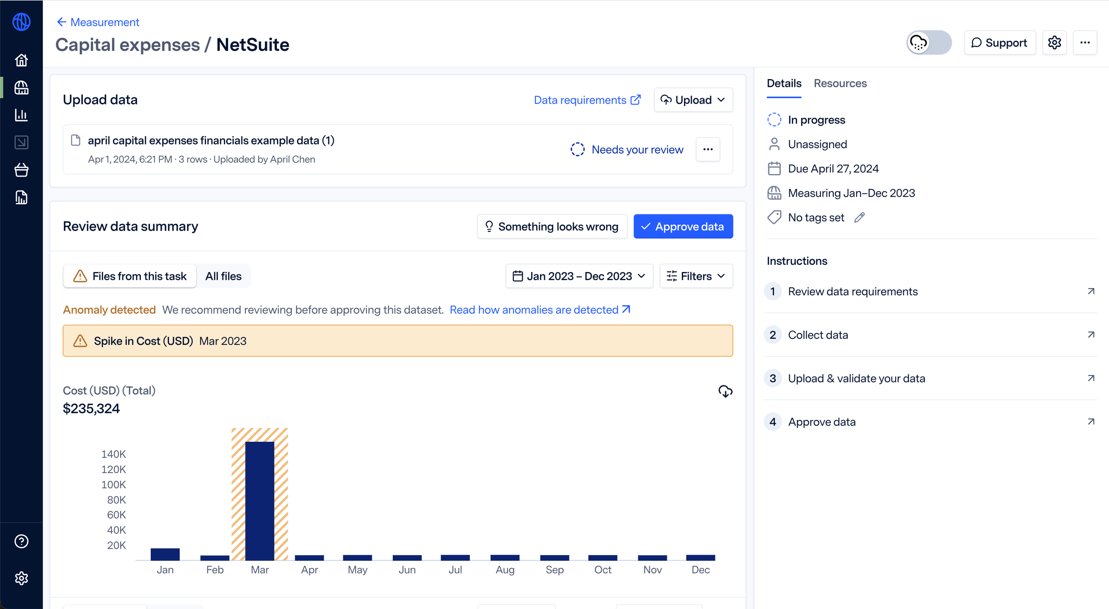 screenshot of Watershed product showing data review page for capital expenses