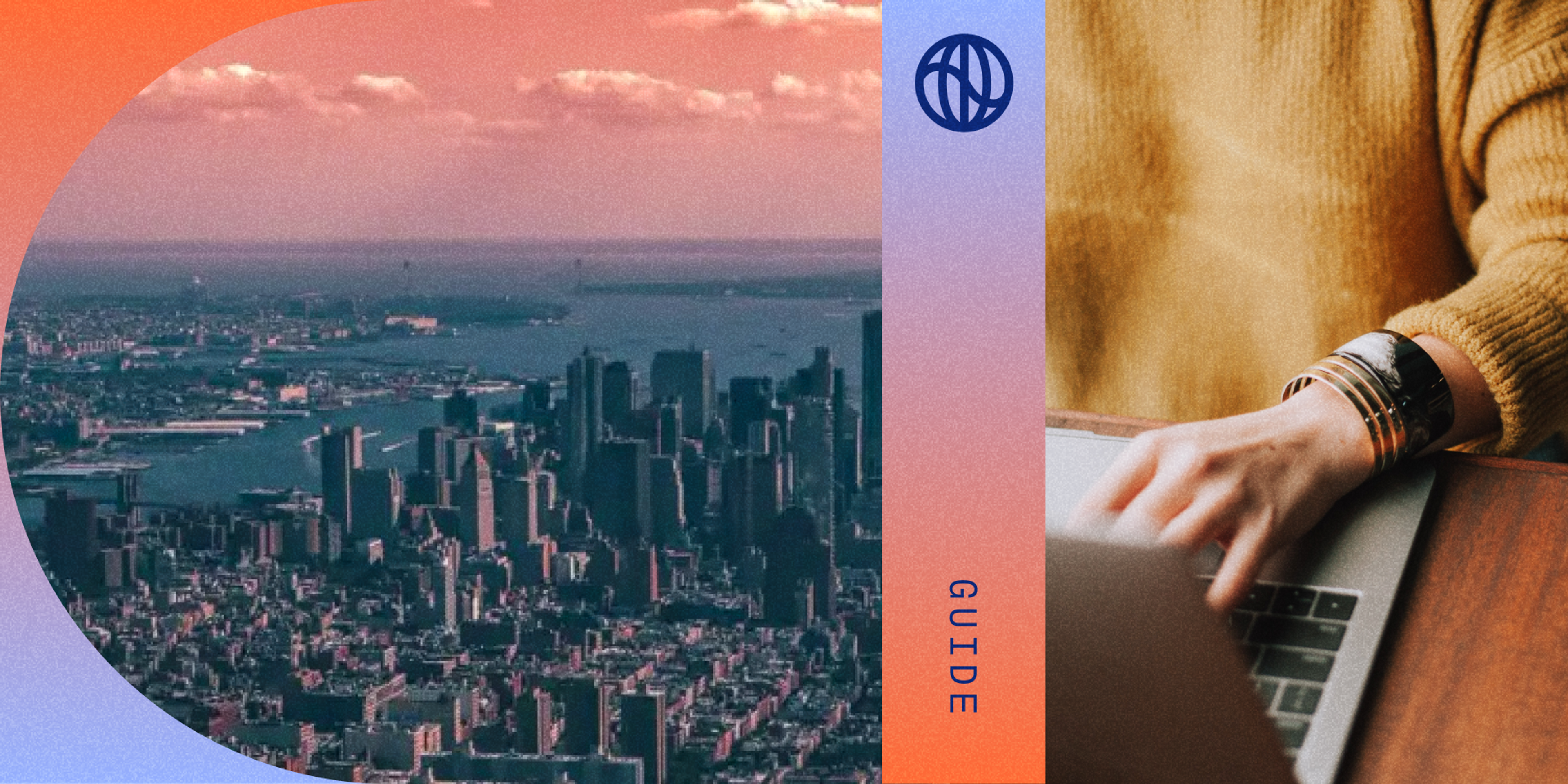 Aerial photo of downtown Manhattan and photo of someone typing on a keyboard