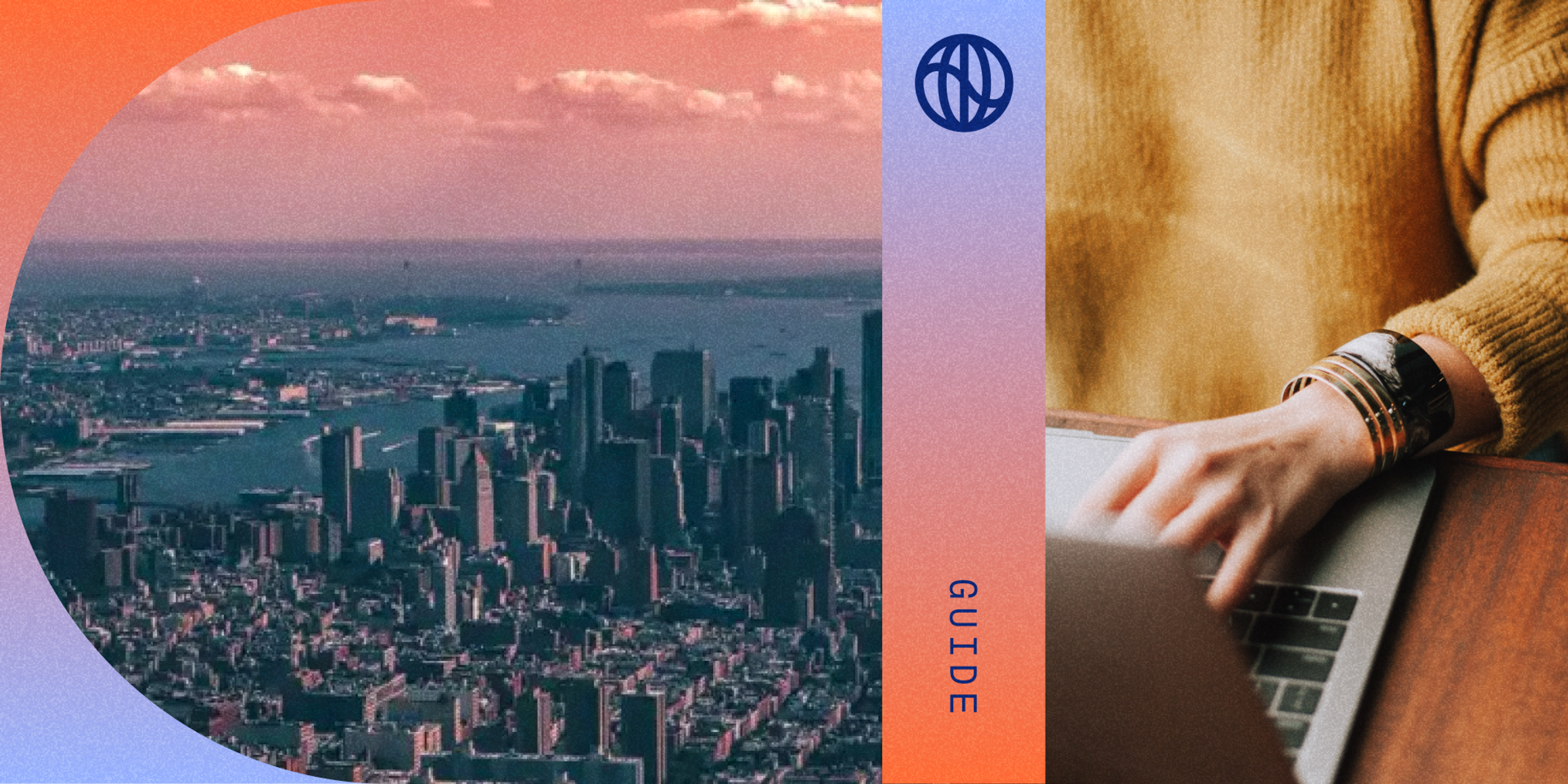 Aerial photo of downtown Manhattan and photo of someone typing on a keyboard