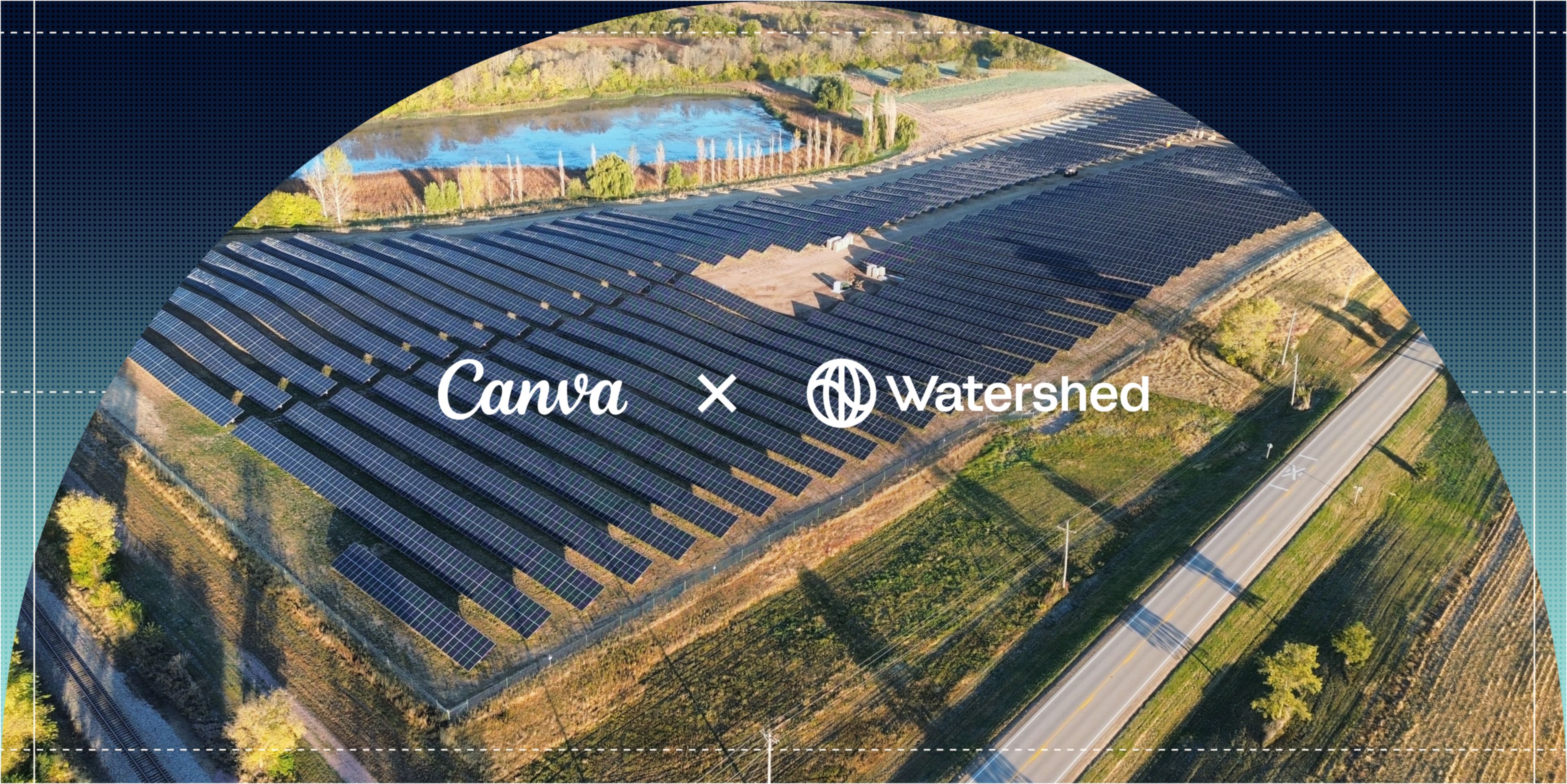 Canva and Watershed logos superimposed on a solar farm