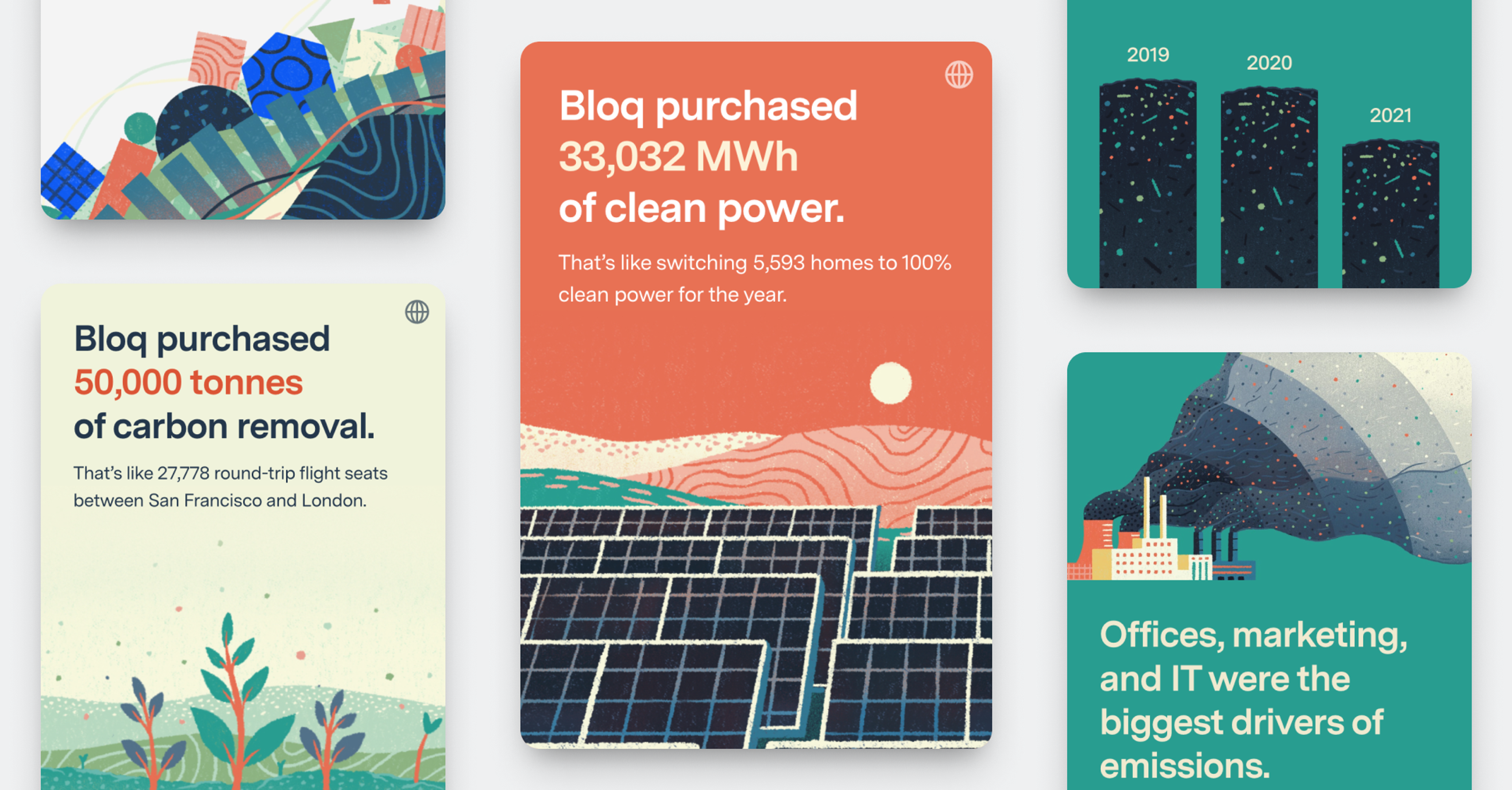 Hero illustration of a grid of cards with climate-related illustrations & charts