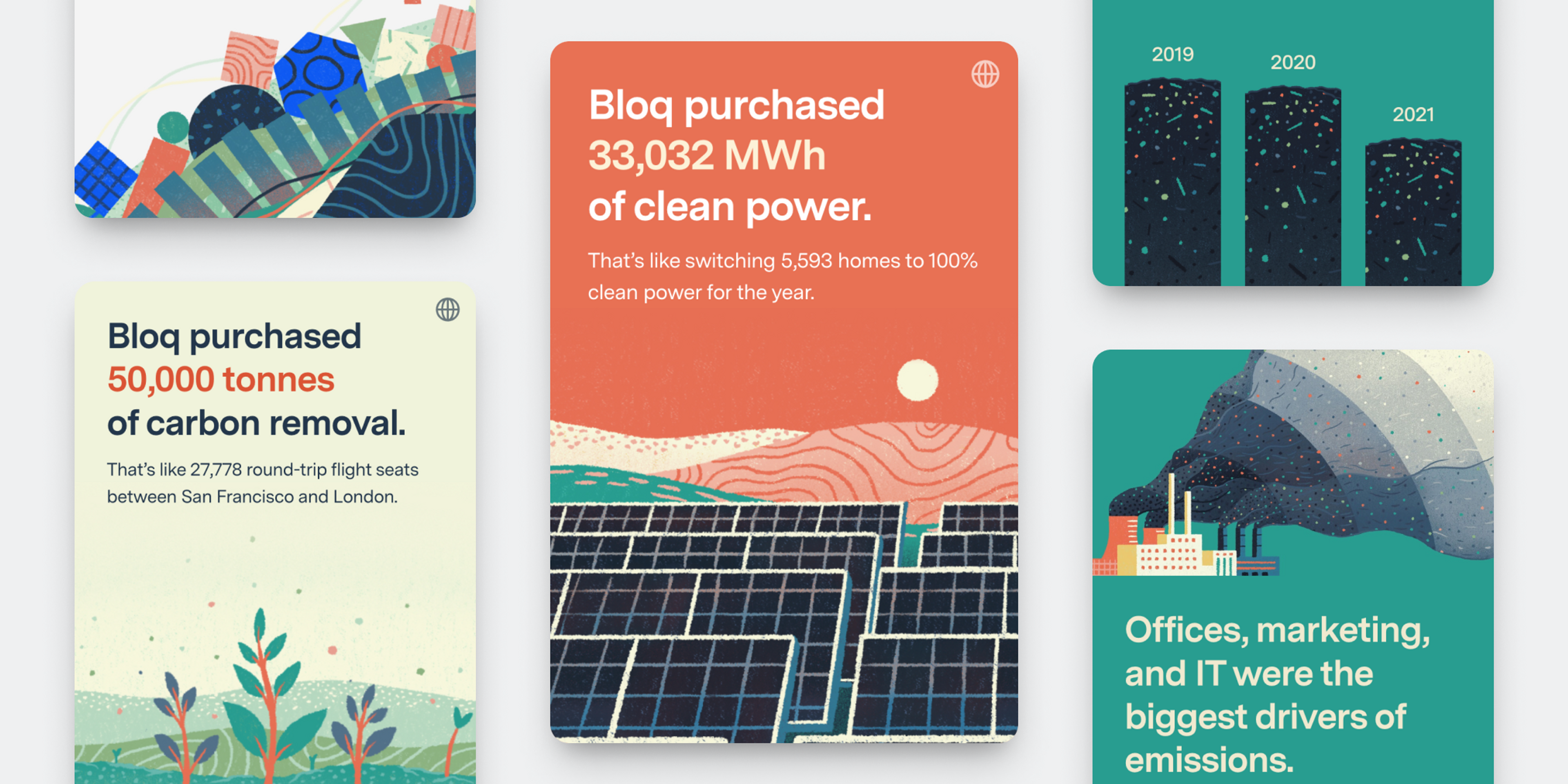 Hero illustration of a grid of cards with climate-related illustrations & charts