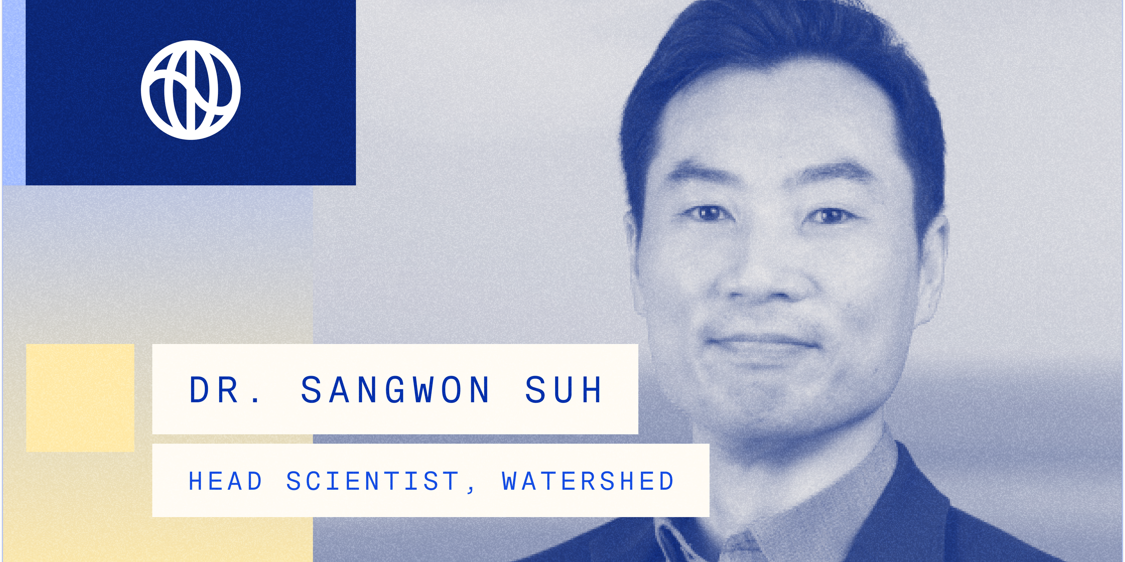 Portrait of Sangwon Suh with nametag and Watershed logo