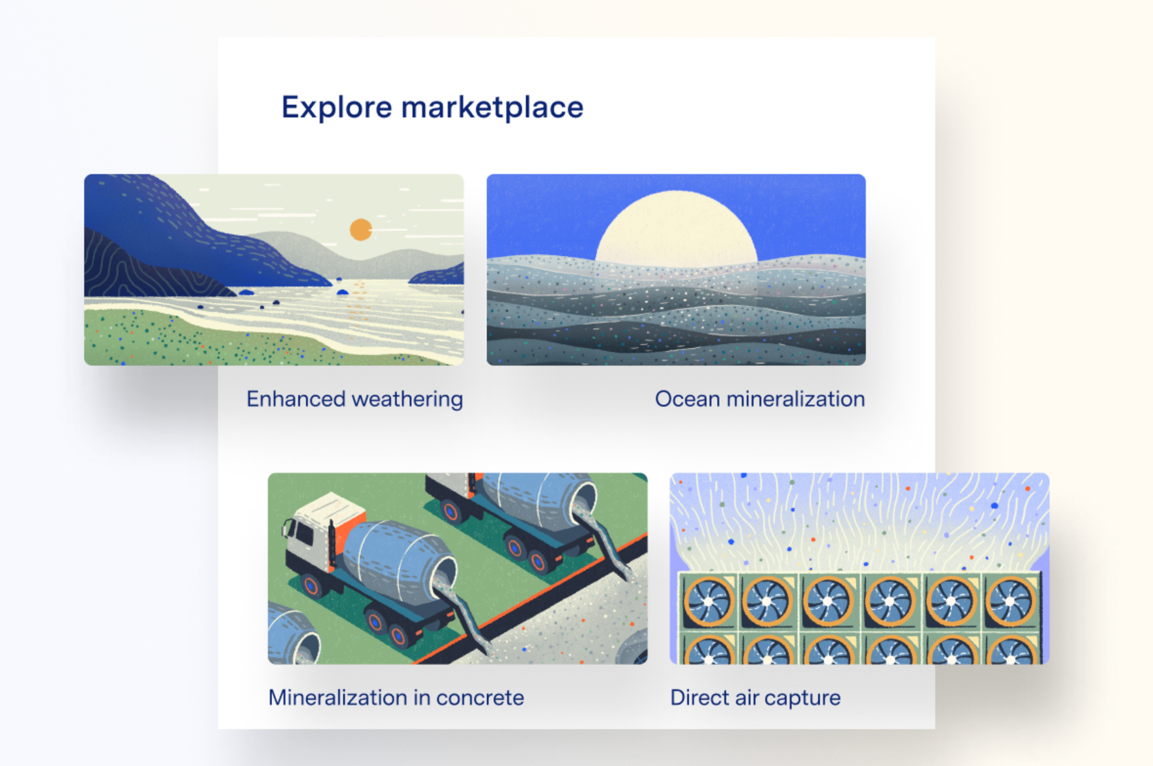 Marketplace graphics including Enhanced weathering, Ocean mineralization, Mineralization in concrete, and Direct air capture